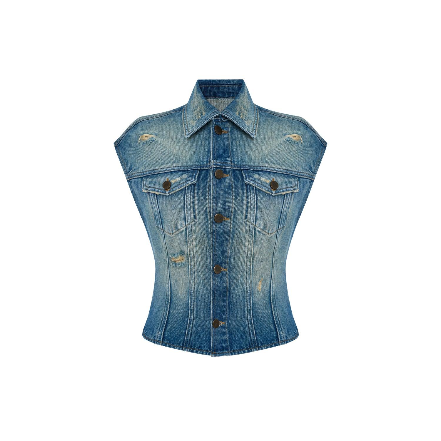 Maison Sél Women's Blue Overdyed Denim Embroidered Vest