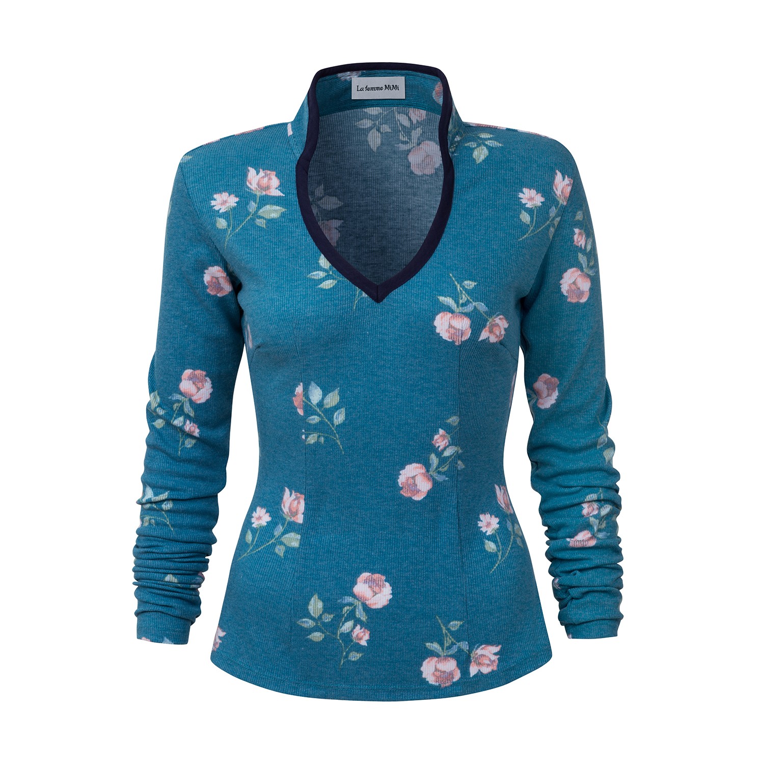 Women’s Blue Long Sleeved Top With Roses Small La Femme Mimi