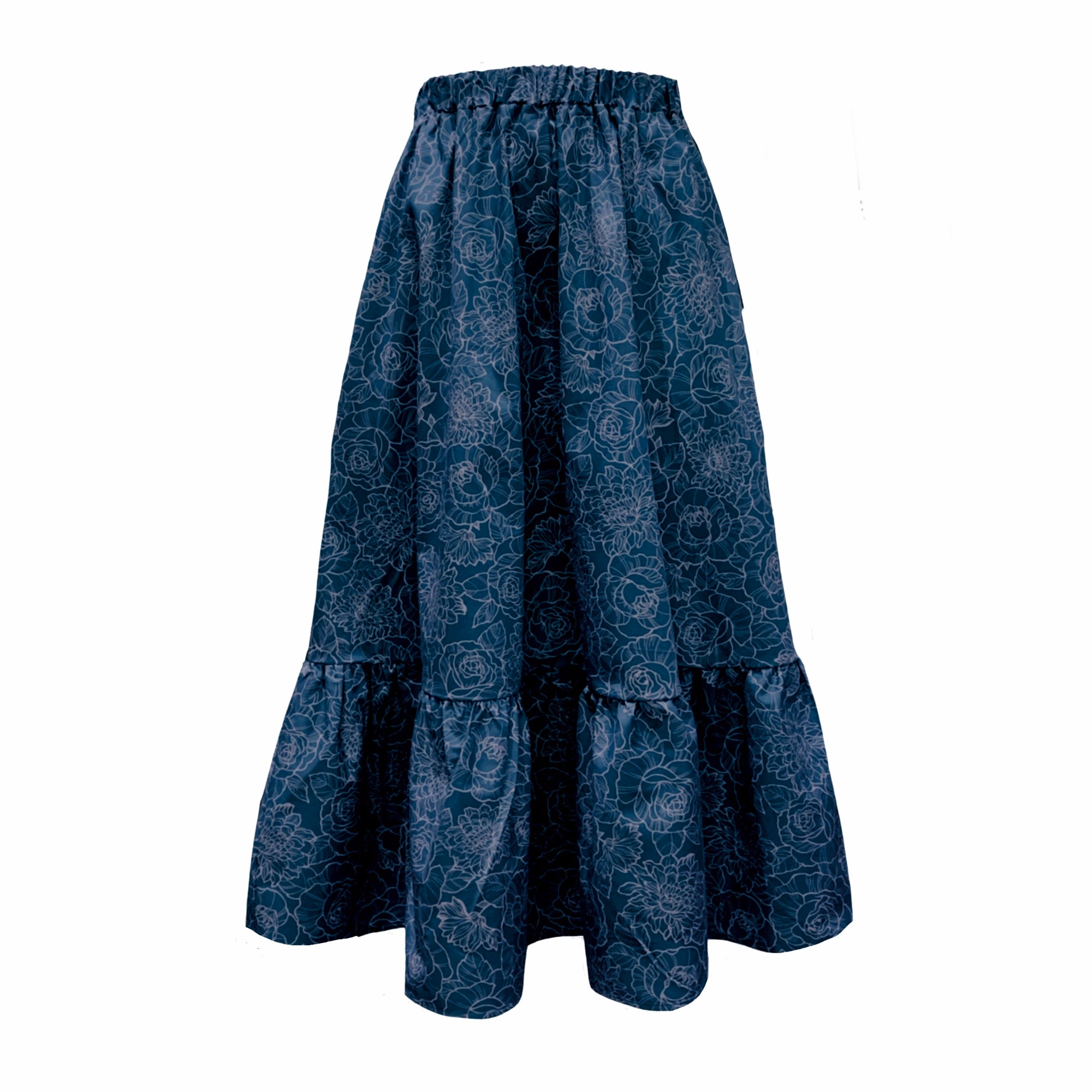 Frock Tales Women's Blue / White Boho Gathered Midi Skirt With Pockets In French Navy Print In Blue/white