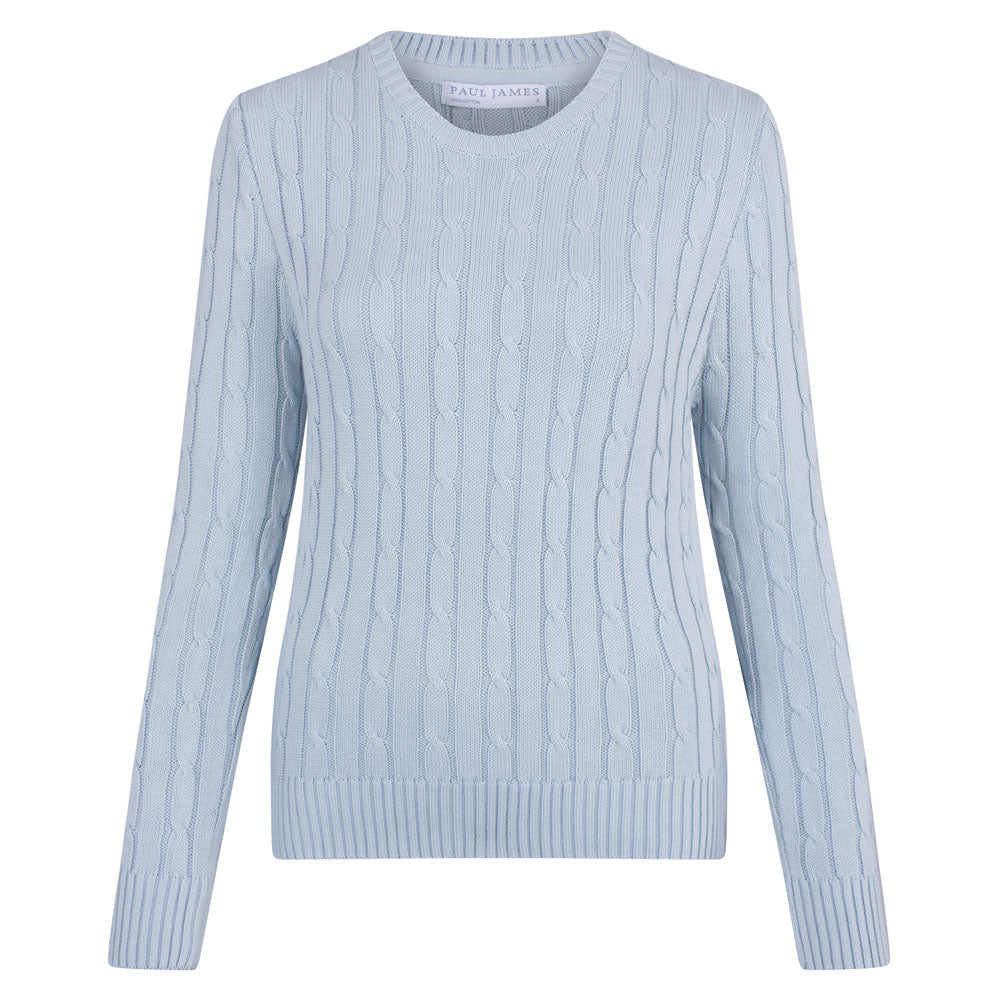 Women’s Cotton Crew Neck Taylor Cable Jumper - Paleblue Extra Large Paul James Knitwear