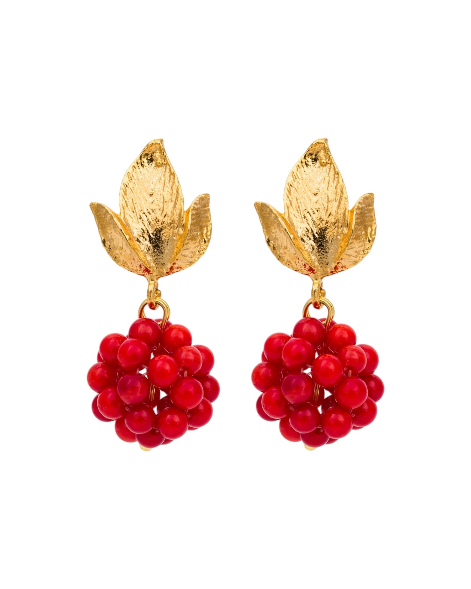 Kybele Studio Women's Gold / Red Berry Cluster Earrings With Gold Leaf Design