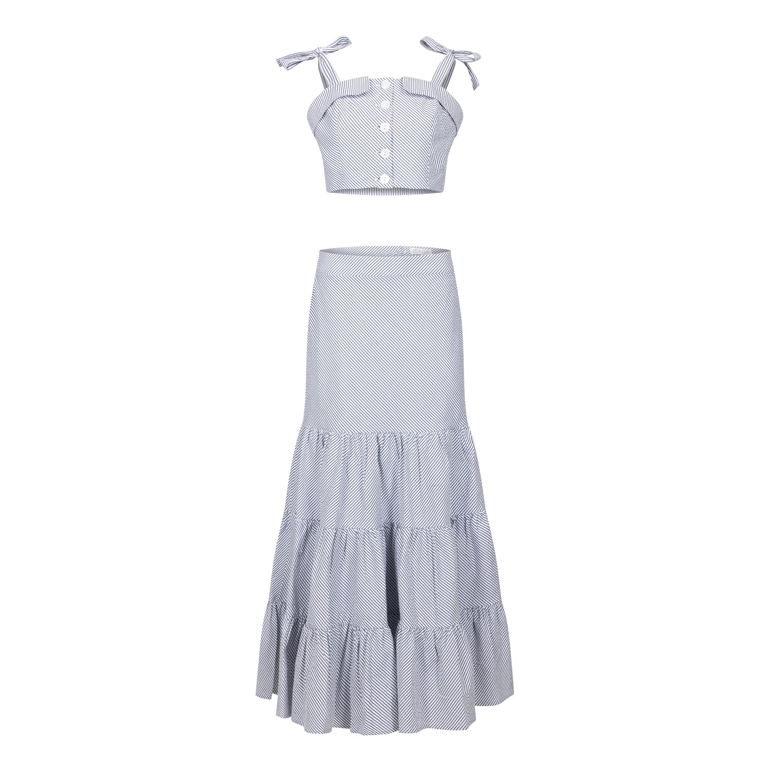 Shop Deer You Women's Blue / White Summer Spinning Crop Top & Maxi Skirt Set In Nautical Blue & White Stripe In Blue/white