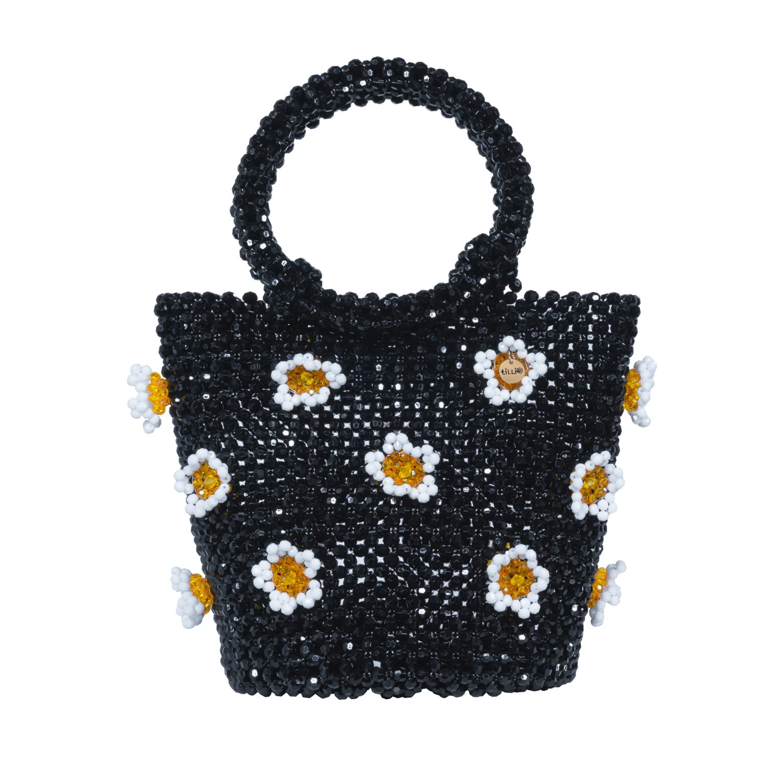 Tillie Beads Women's Black / White Black Petal Daisy Beaded Bucket Bag