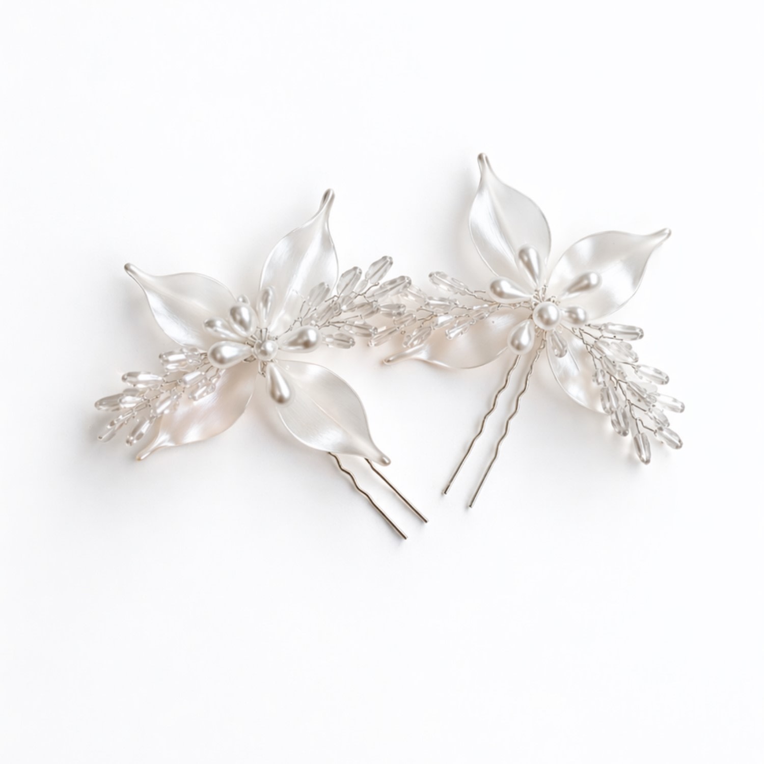 Women's White Pearlescent Floral Bridal Hair Pins Set Of Two | One Size | Nuvv Collection