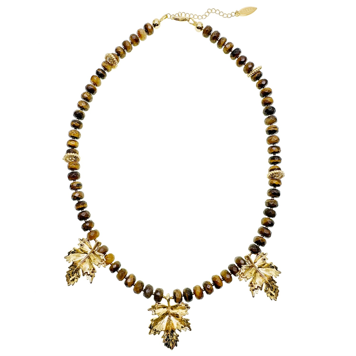 Farra Women's Brown Tiger Eye With Maple Leaves Pendants Statement Necklace In Brown
