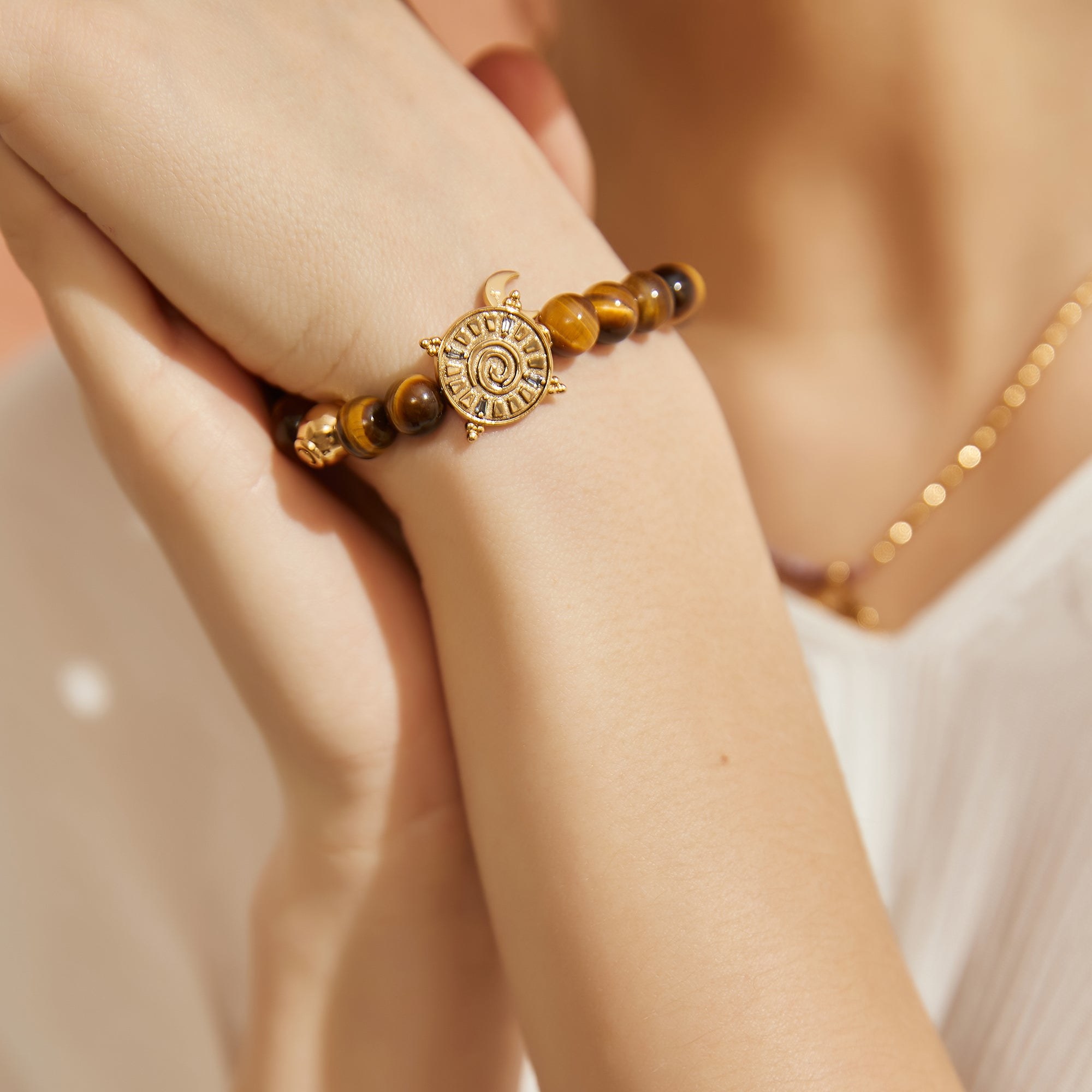 Aurozia Women's Gold / Silver Three Charms Sundial & Lotus & The Endless Love Knot Yellow Tiger's Eye Beaded In Brown