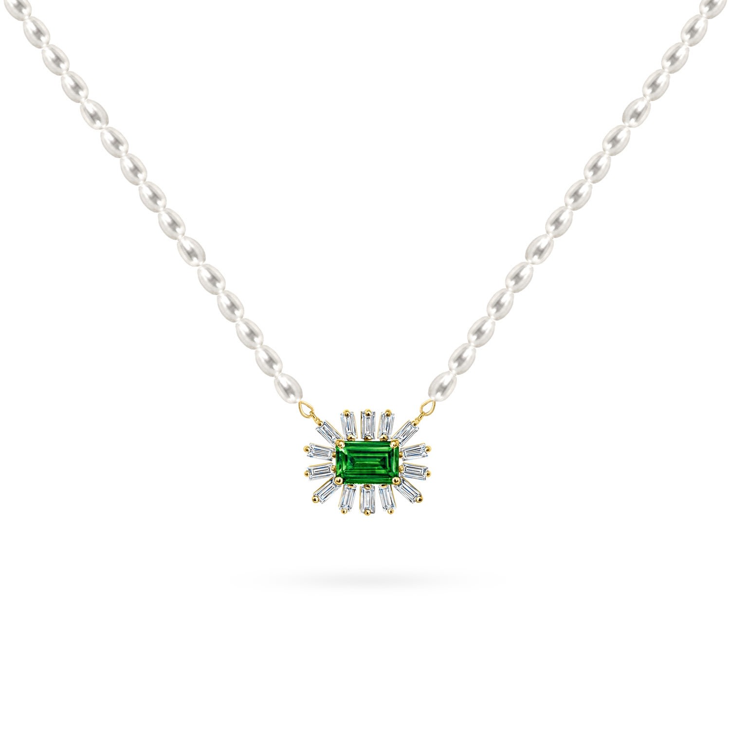 Women’s Necklace Cleopatra Baguette White Pearls On 18K Yellow Gold, Diamonds And Precious Stones - Emerald Aquae Jewels