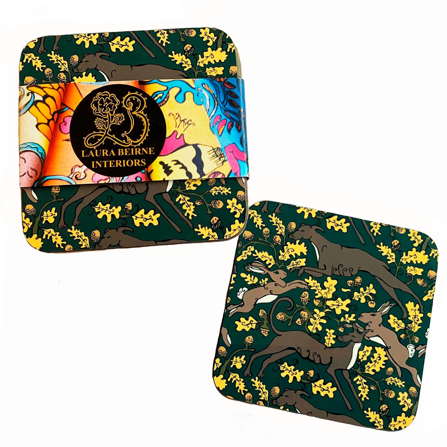 Laura B Interiors Green Set Of 6 The Jewel Rabbit & Whippet Coasters In Multi
