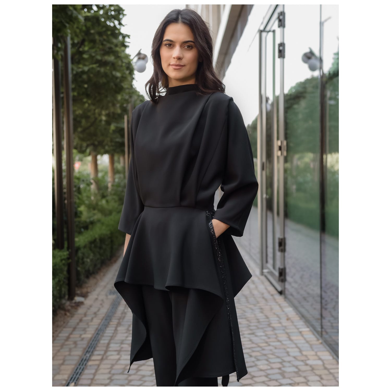 Elegant Black Top With Peplum And Pleats With Sequined