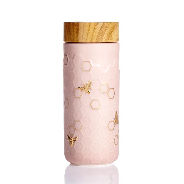 Gold / Rose Gold Honey Bee Ceramic Travel Mug - Pink And Hand- Gold, Rose Gold Acera