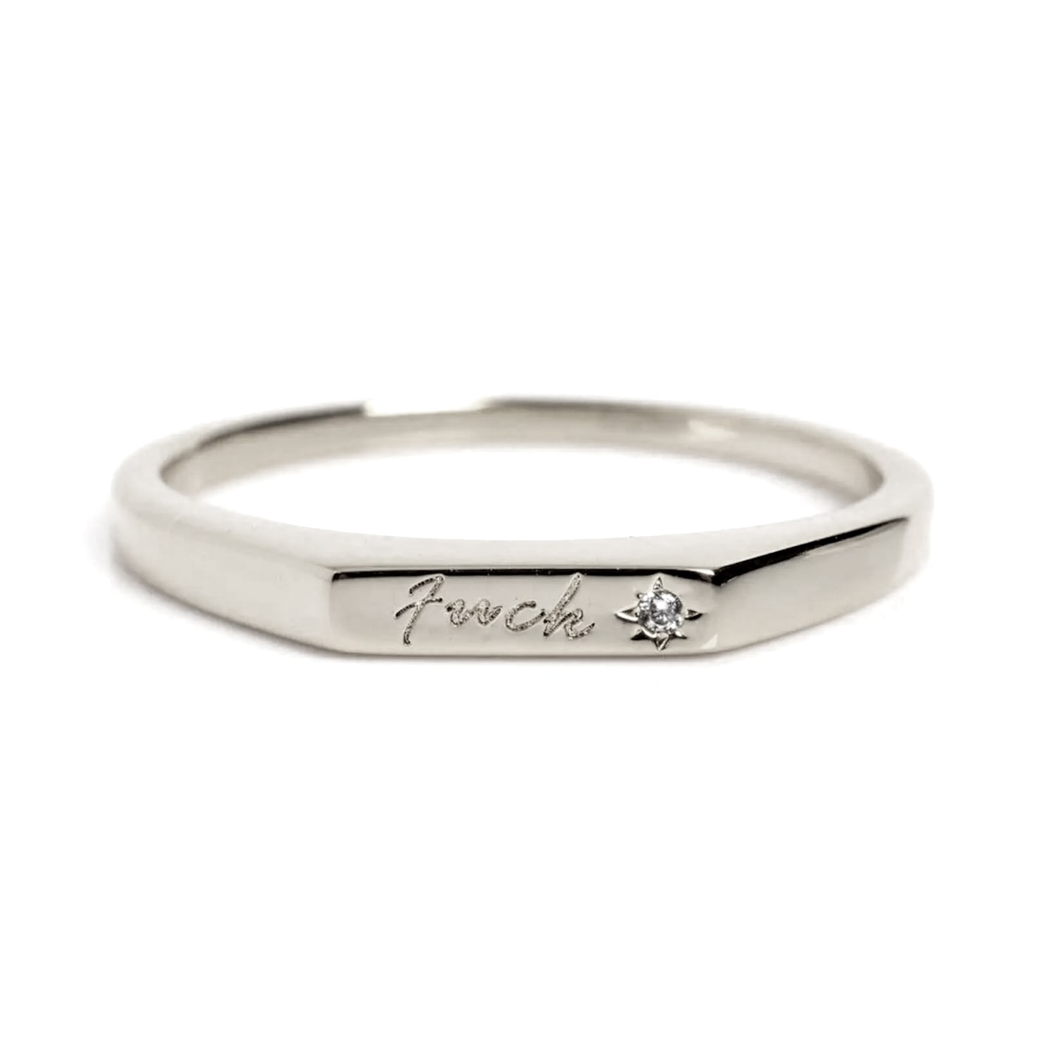 Vicstonenyc Fine Jewelry Women's Natural Diamond “f*ck” Signet White Gold Ring