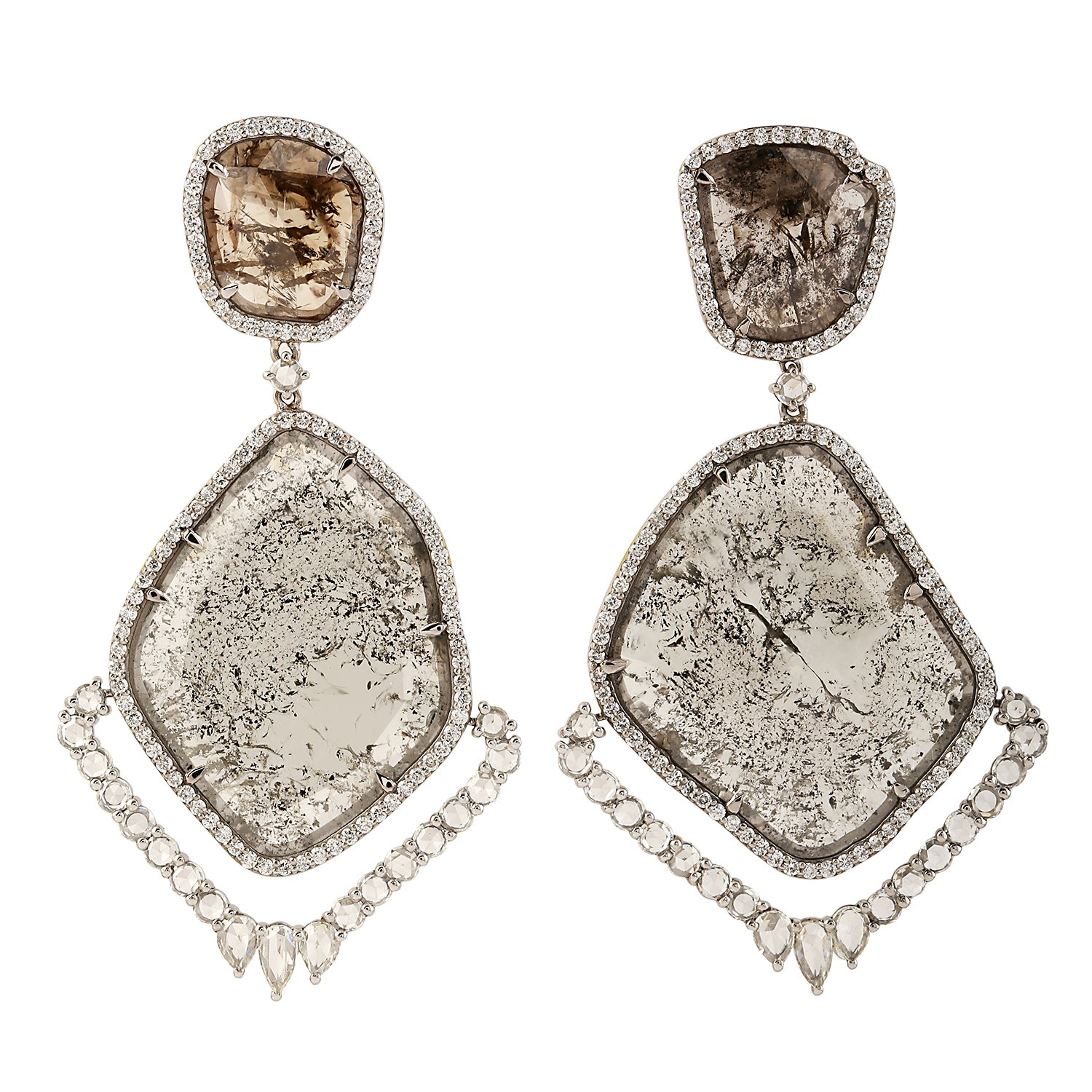 Artisan Women's White / Grey Natural Unshaped Slice Diamond In 18k White Gold Designer Dangle Earrings In Neutral