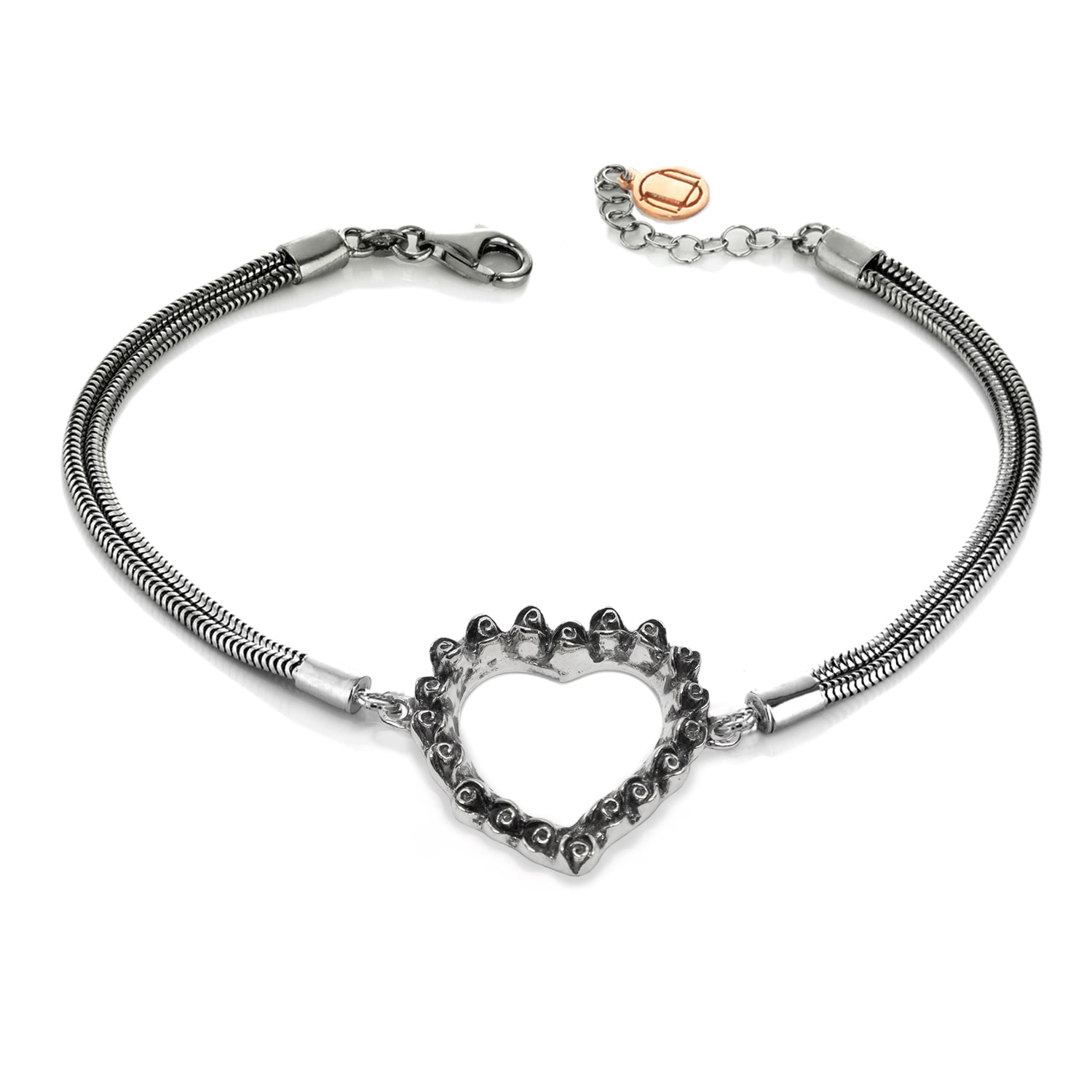 Unaloe Women's Heart Of Roses Bracelet With Double Snake Link Chain In Sterling Silver In Silver