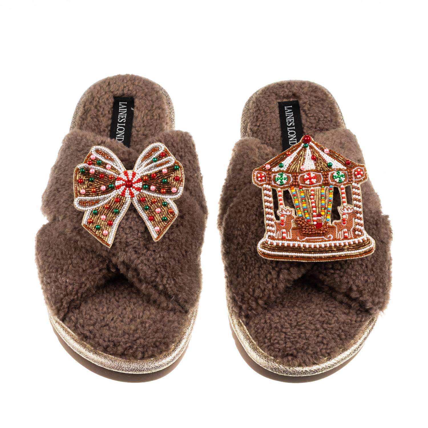 Laines London Women's Brown / Neutrals Laines Boucle Slippers With Christmas Gingerbread Bow & Carousel Brooches - In Brown