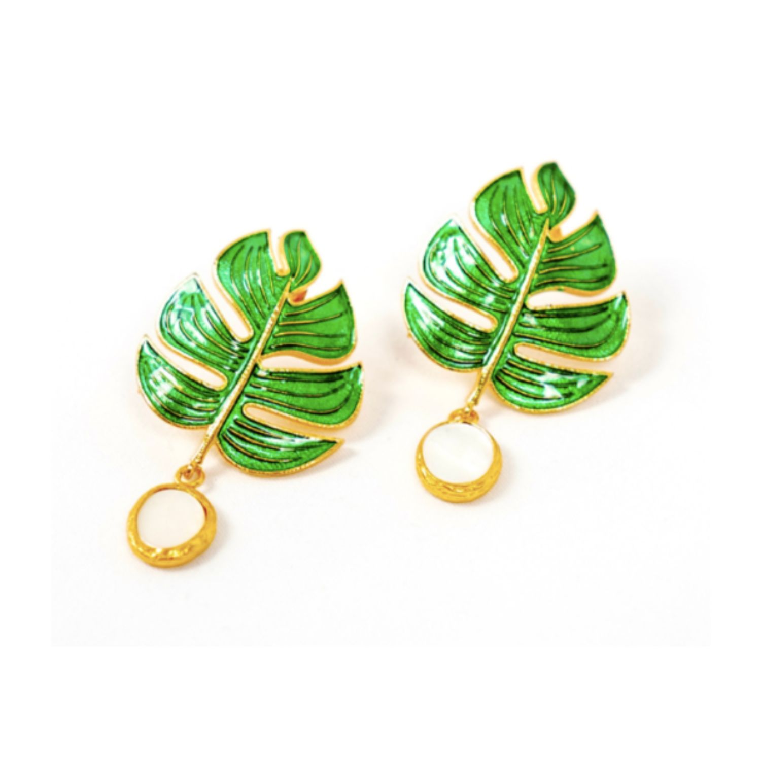 Les Reines Women's Green / Gold Camelbase With Pearl - Green Earrings 24k Gold Plated