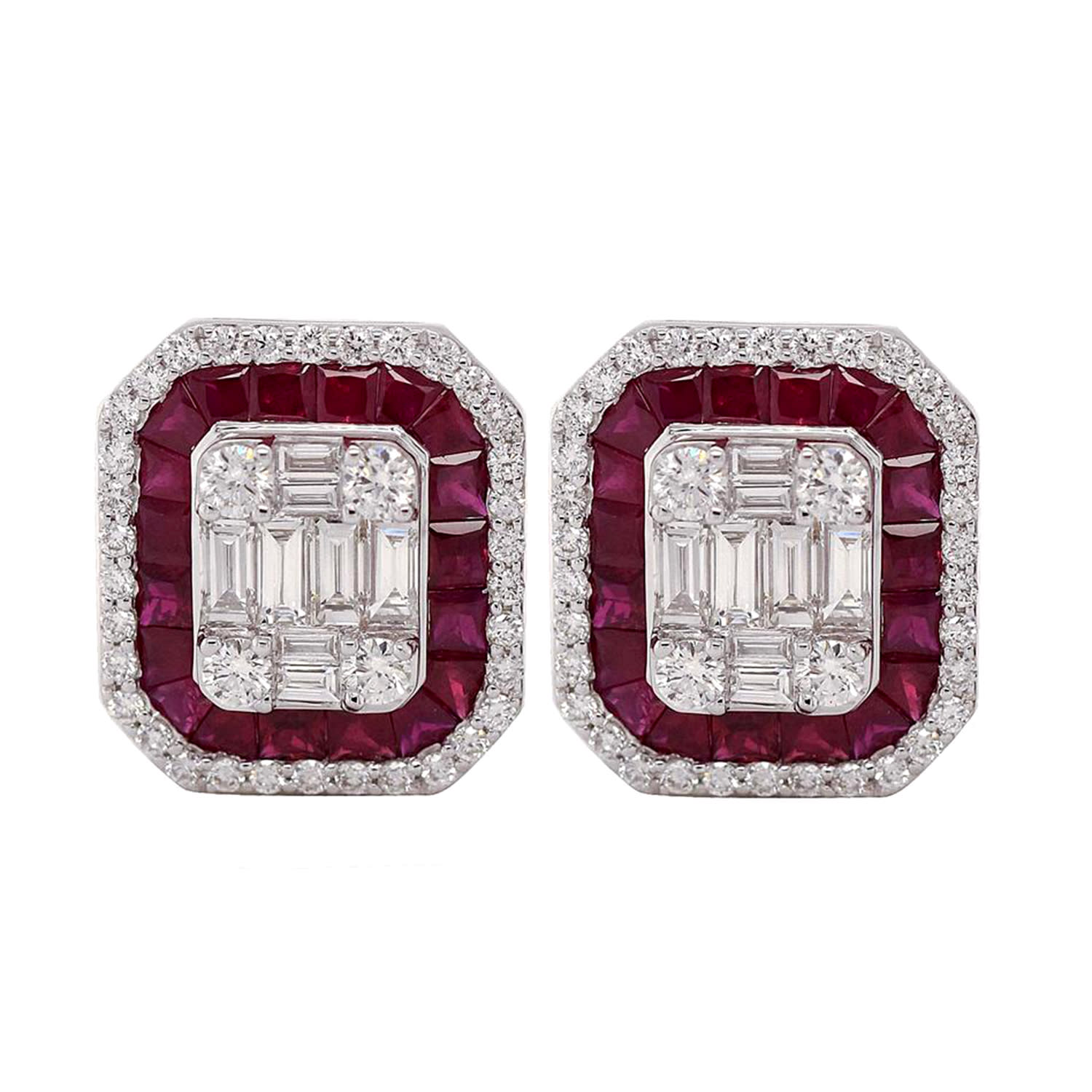 Artisan Women's White / Pink Ruby & Baguette Diamond Art Deco Stud Earrings In 18k White Gold In Multi