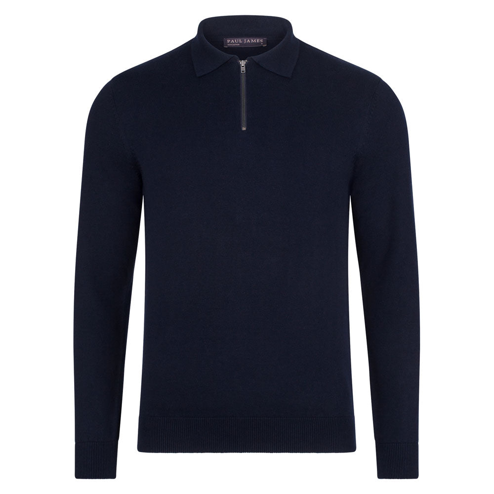 Paul James Knitwear Blue Mens Lightweight Finley Cotton Zip Neck Polo Shirt - Navy In Blue