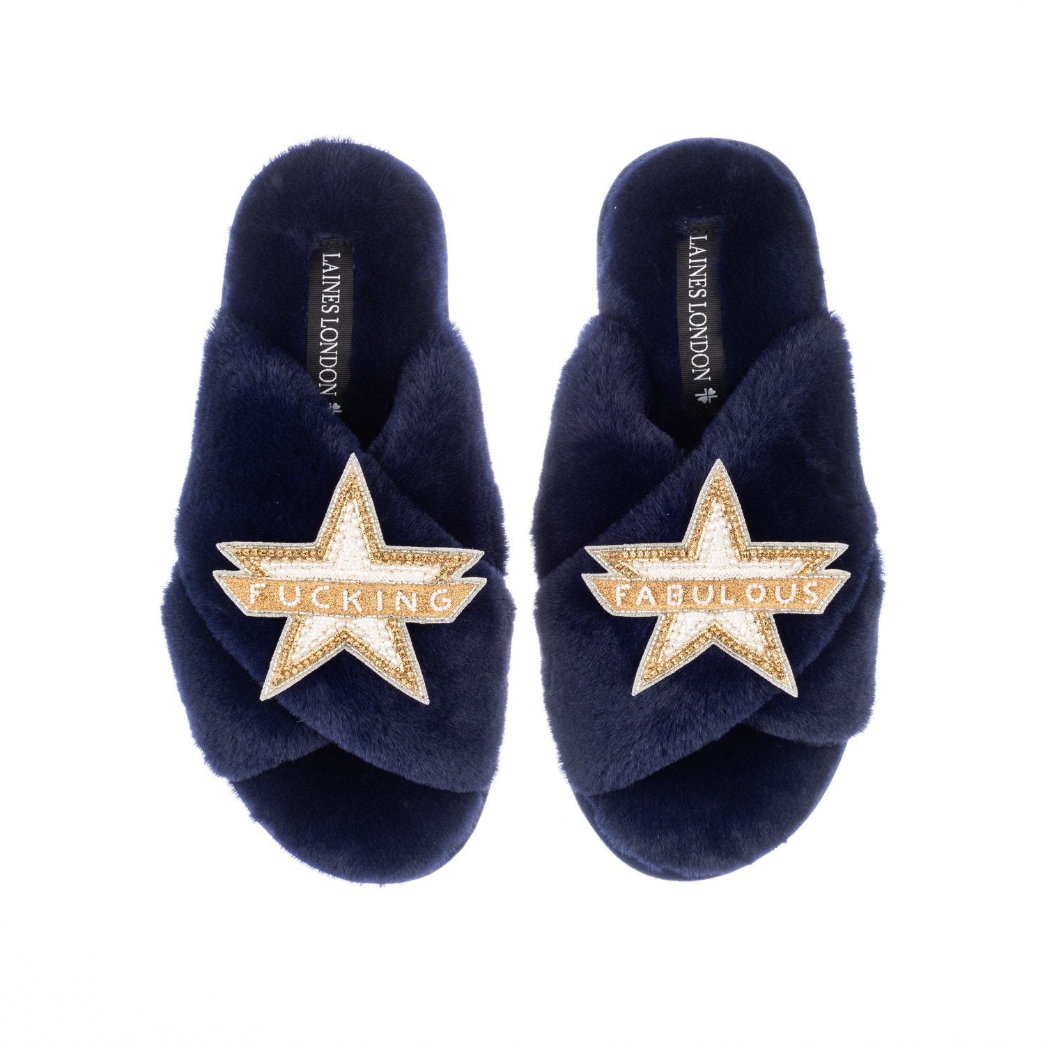 Laines London Women's Blue Classic Laines Slippers With Fucking Fabulous Brooches - Navy In Blue