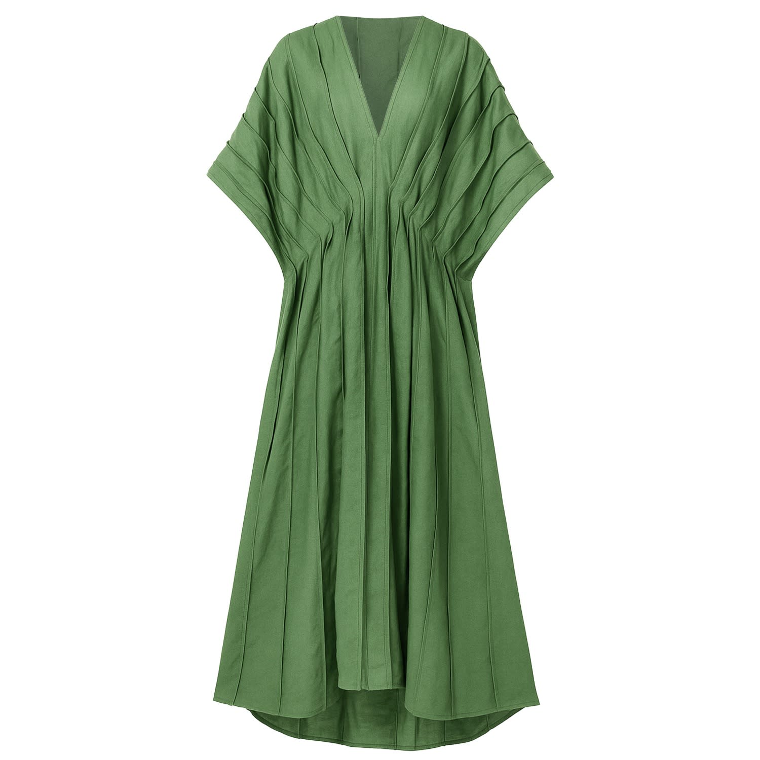 Women's Olive Green Linen Kaftan Dress - Pleated Designer Caftan | Large | Kargede
