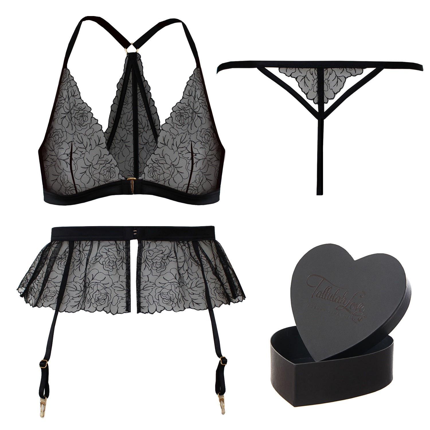 Women’s Black Midnight Rose Gift Set: Bralette, Suspender, Thong & Heart Box Small Tallulah Love