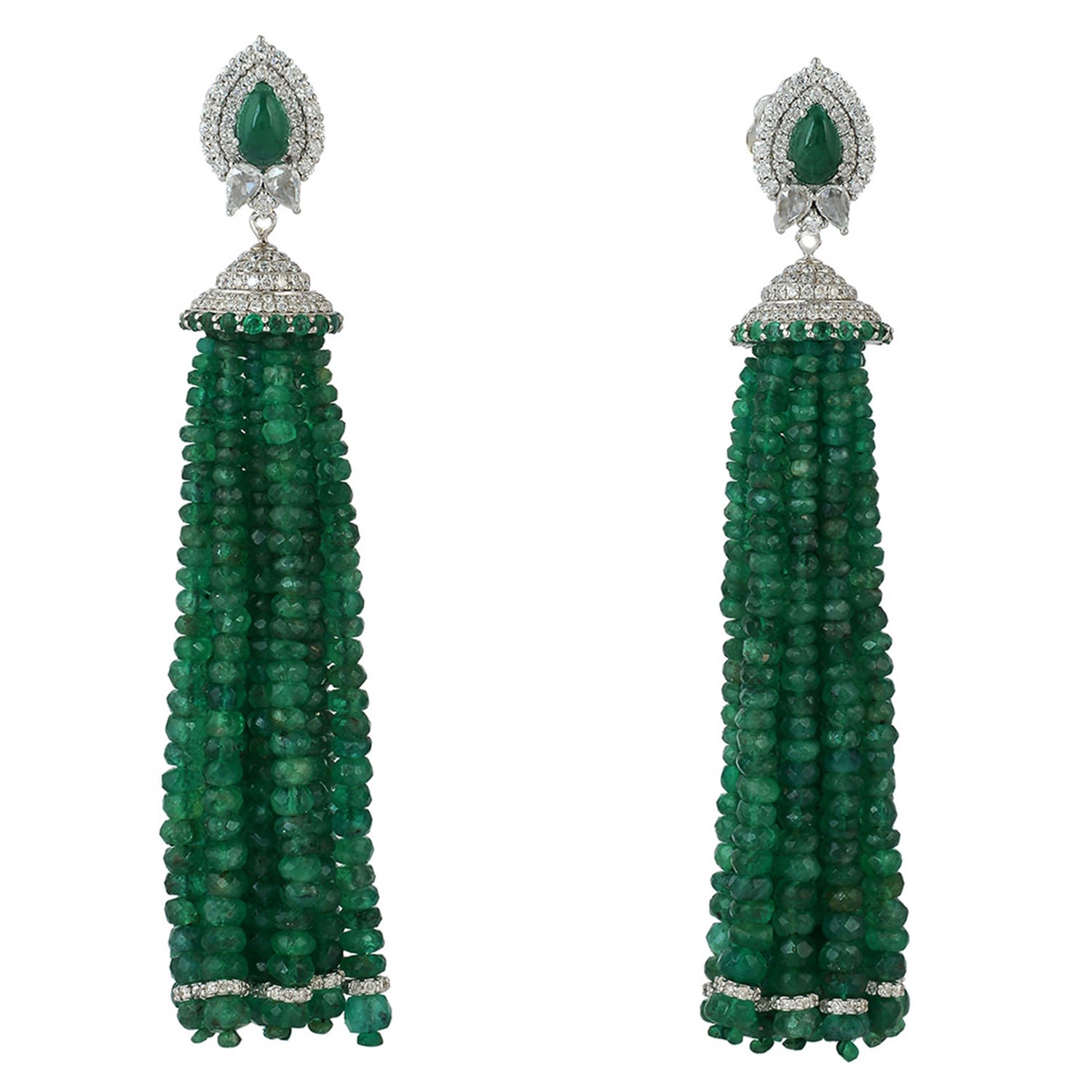 Women’s Green / White Emerald Bead Tassel Earrings White Gold Pave Diamond Handamde Jewelry Artisan