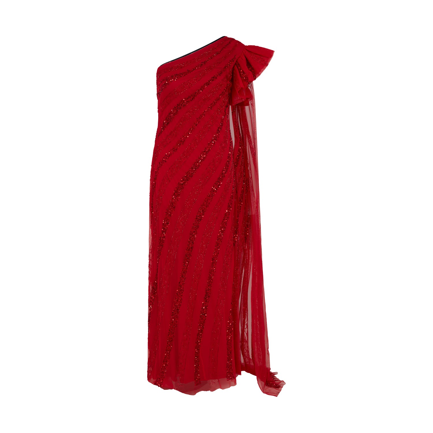 Women’s Red Blossom A One Shoulder Floor Length With An Attached Stole With Frill On The Shoulder Gown Small Raishma