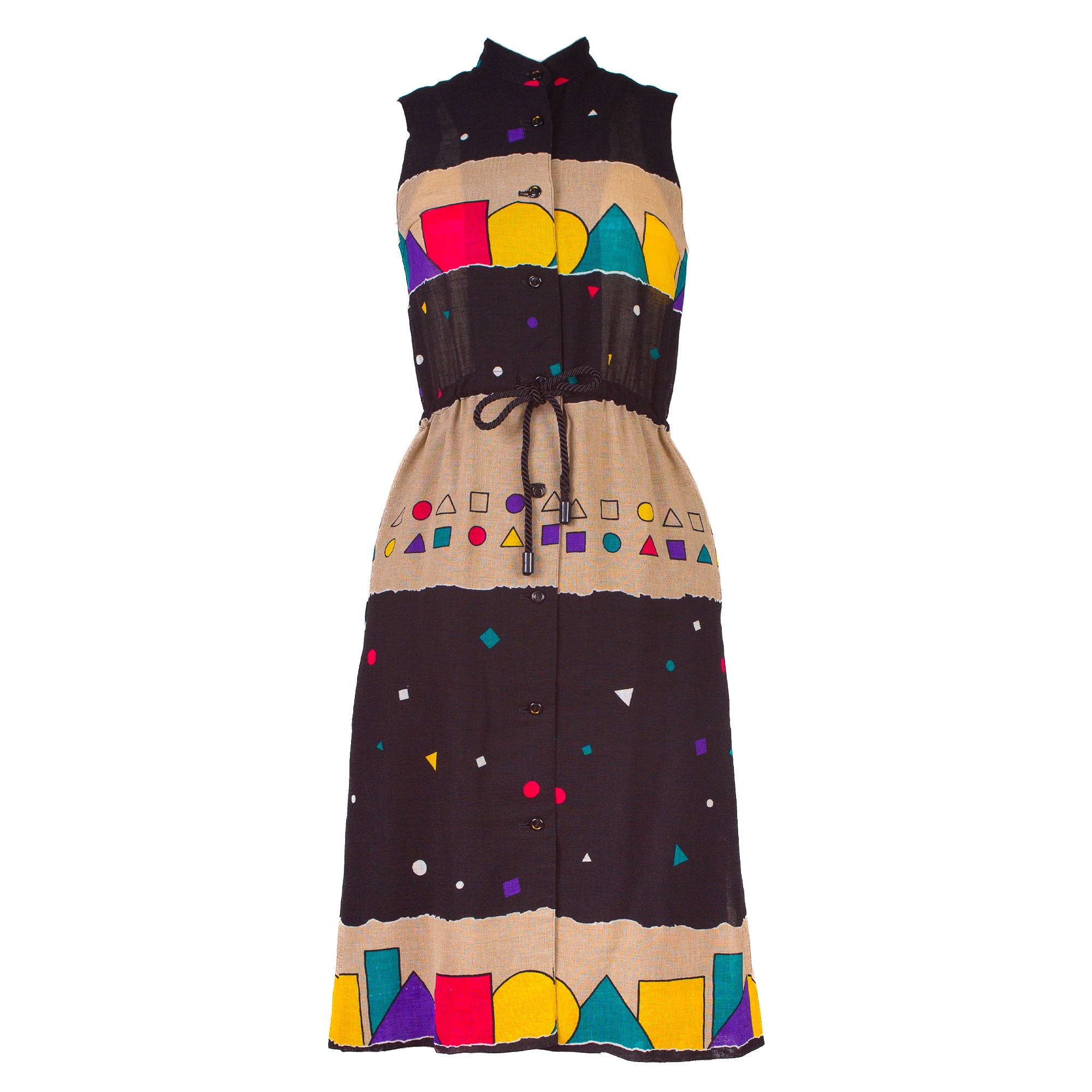 Sugar Cream Vintage Women's Black Geometric Print Polyester Vintage Dress With Chinese Collar In Black