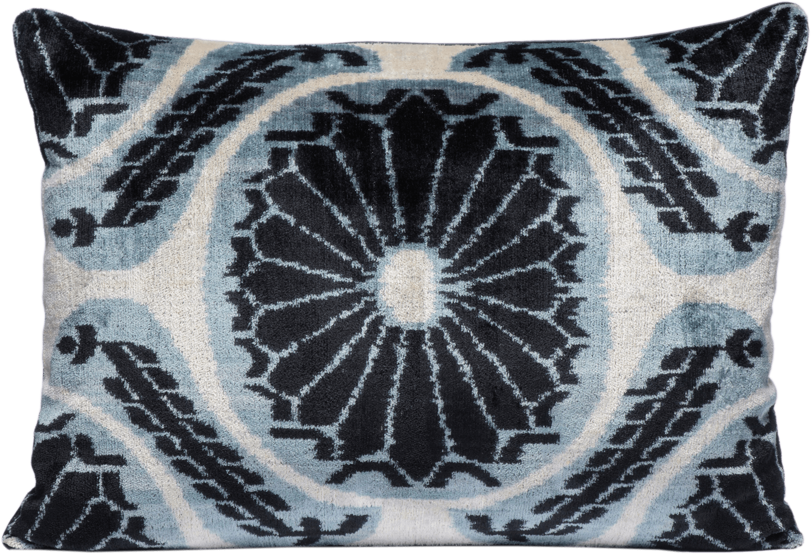 Blue Hand-Woven Reversible Silk Velvet Ikat Cushion - Water Mil One Size Anor Living