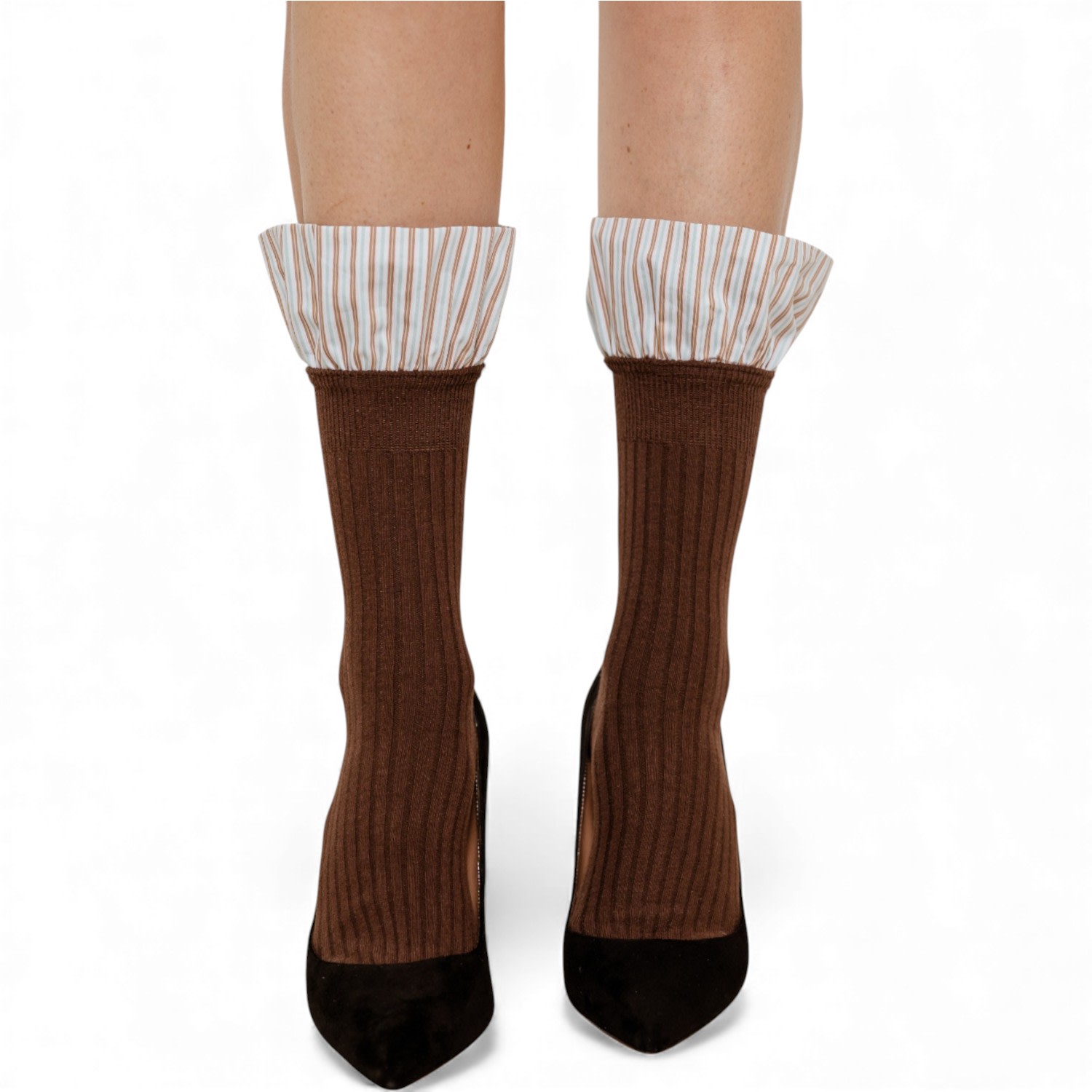 High Heel Jungle By Kathryn Eisman Women's Lauren Pinstripe Cuff Socks Brown