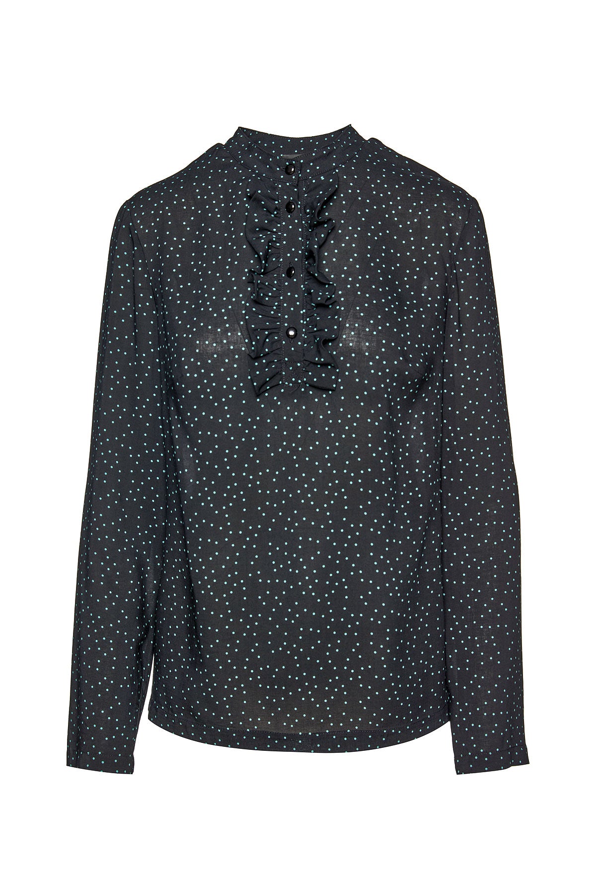 Women’s Black Polka Dot Blouse With Ruffle Detail Medium Conquista