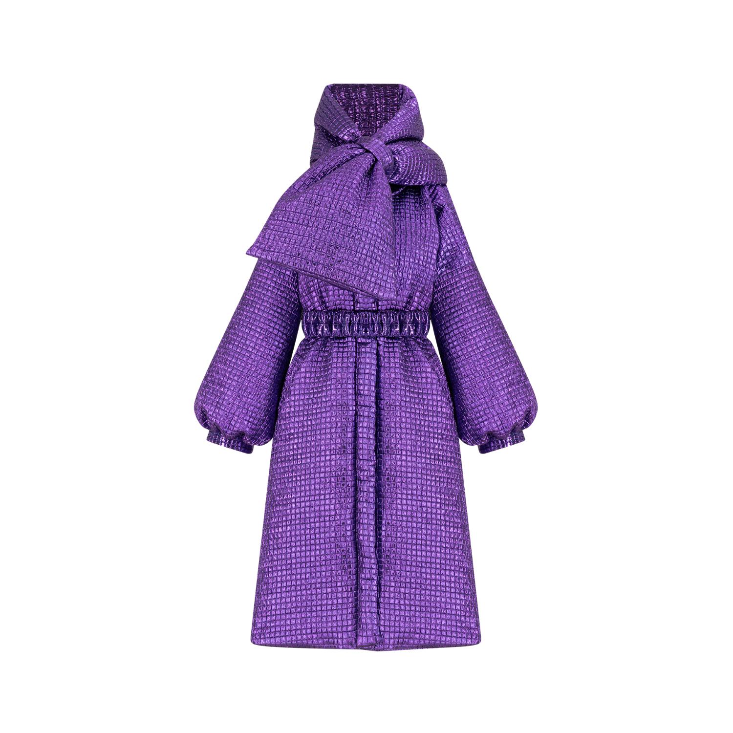 Azzalia Women's Pink / Purple Metallic Puffer Jacket With Bow Around Neck-plum Jam In Pink/purple