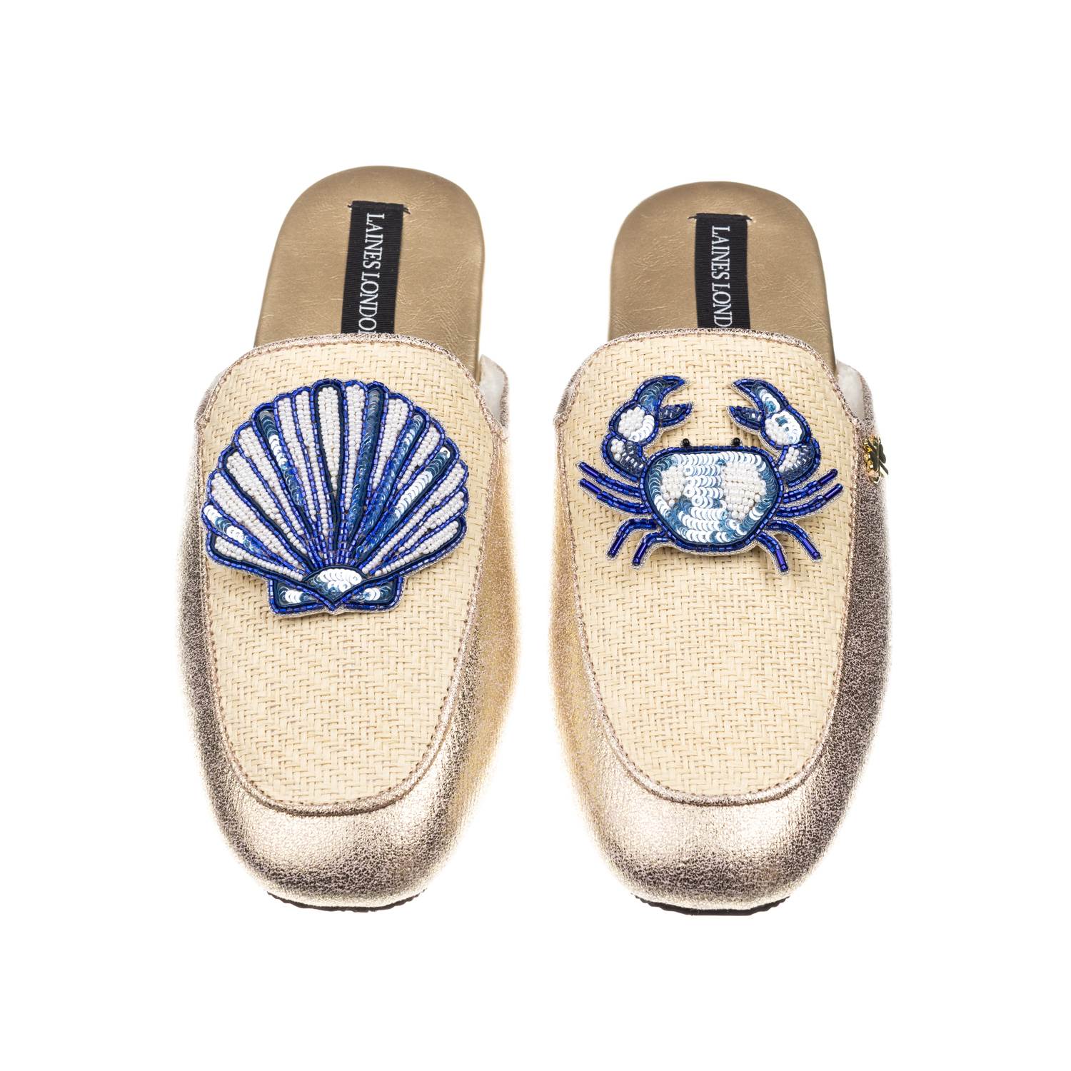 Laines London Women's Gold / Neutrals Classic Mules With With Mediterranean Blue Shell & Crab Brooches - Cream & G In Gold