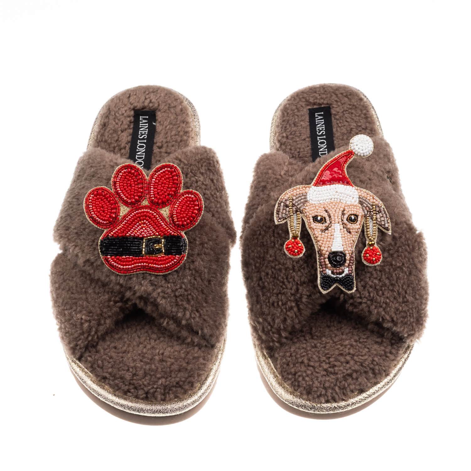 Laines London Women's Brown / Neutrals Laines Boucle Slippers With Christmas Greyhound & Paw Brooches - Mink In Brown