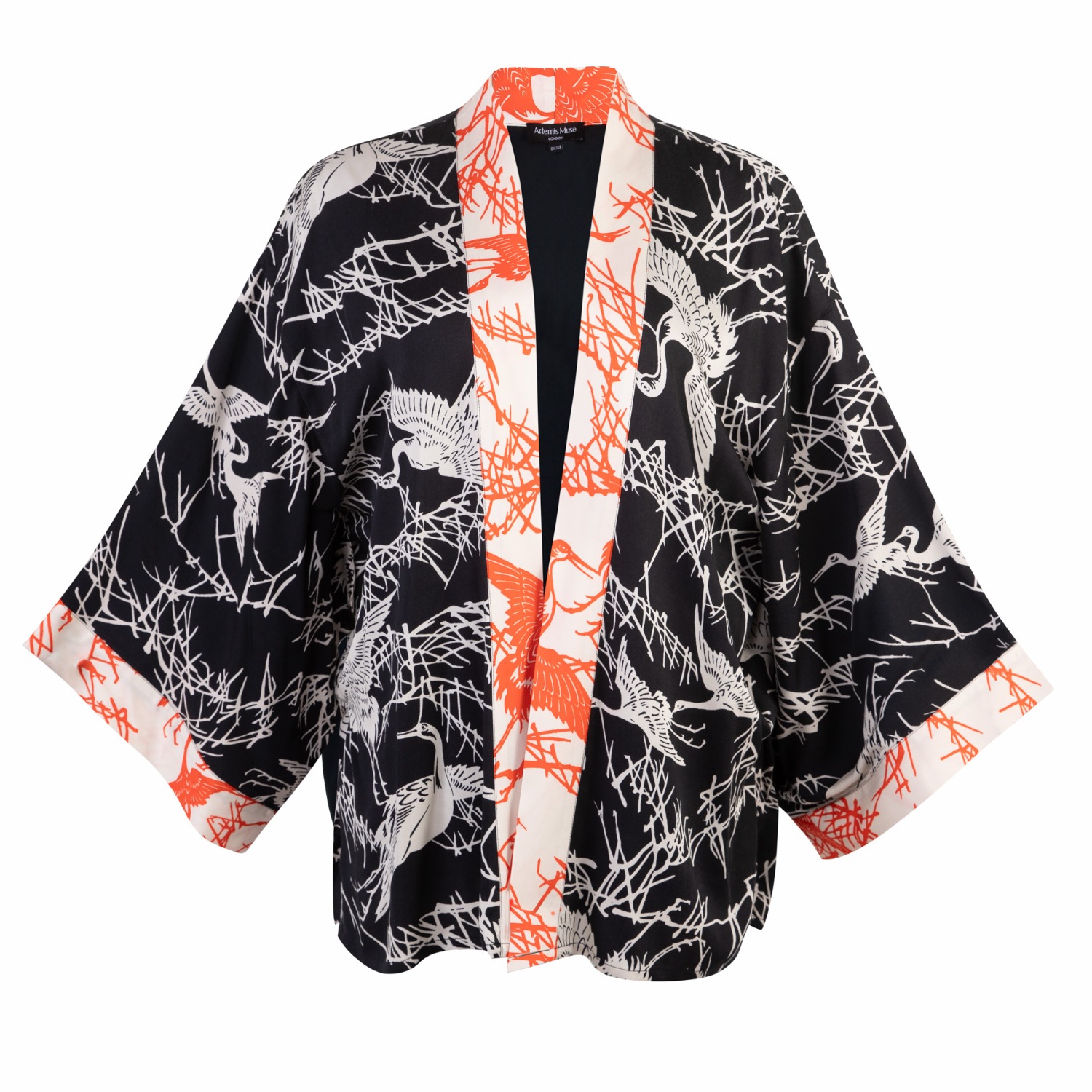 Japanese Crane Print Black & Ivory Short Kimono | Artemis Muse