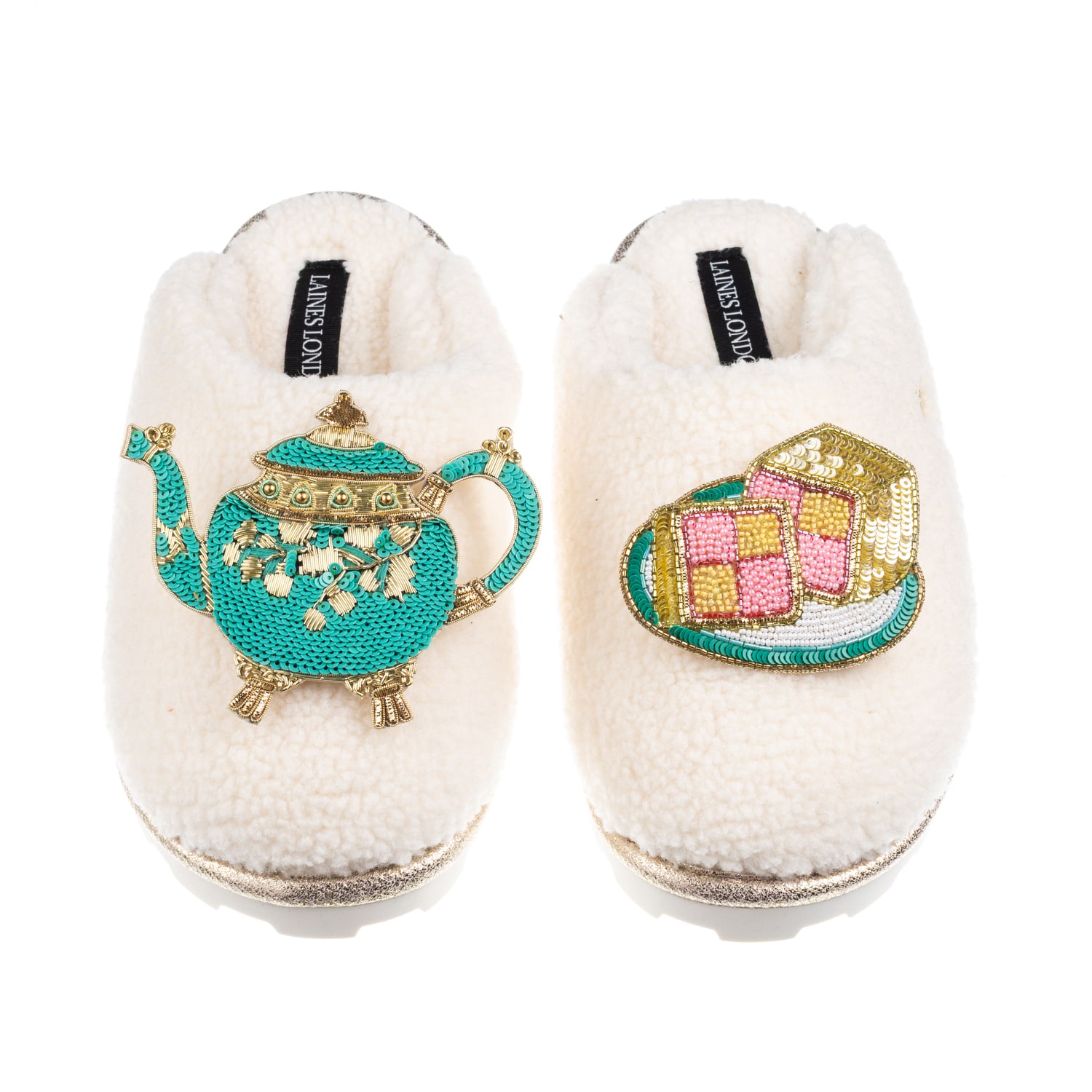 Laines London Women's Neutrals / White Laines X Juliet Teddy Closed Toe Slippers With Tea & Battenberg Cake Brooch In White