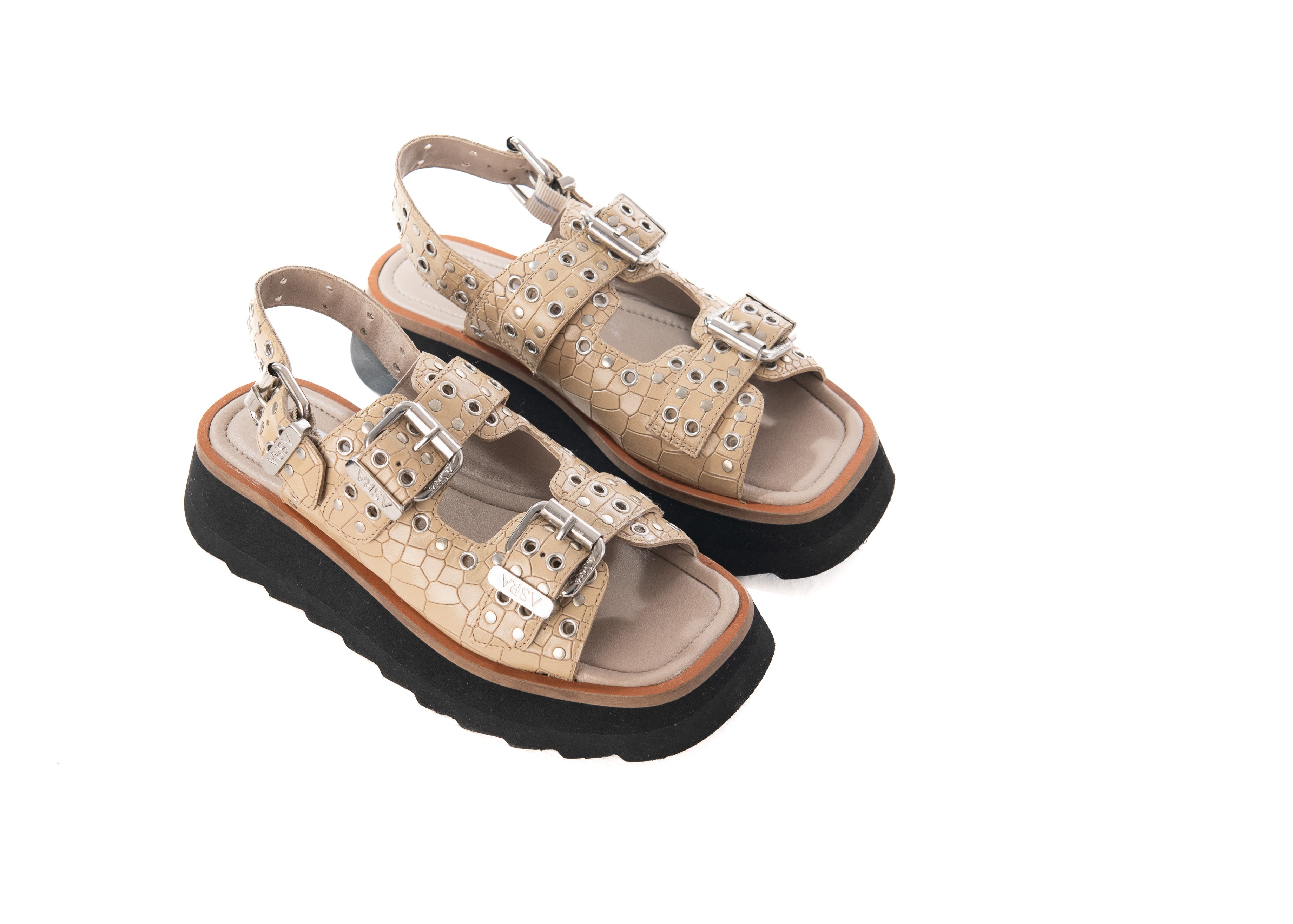 Asra Women's Neutrals Sabre - Latte Croc Leather Chunky Sandal In Brown