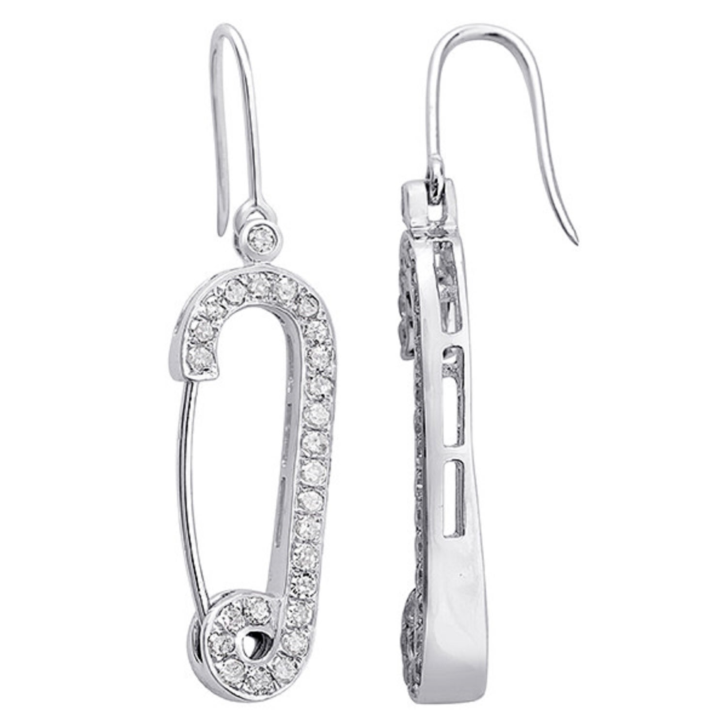 Artisan Women's Natural Diamond Safety Pin Earrings In White Gold 925 Silver