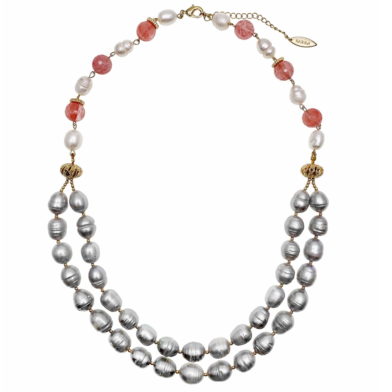 Women’s Grey / White / Red Grey Freshwater Pearls With Watermelon Quartz Double Strands Necklace Farra