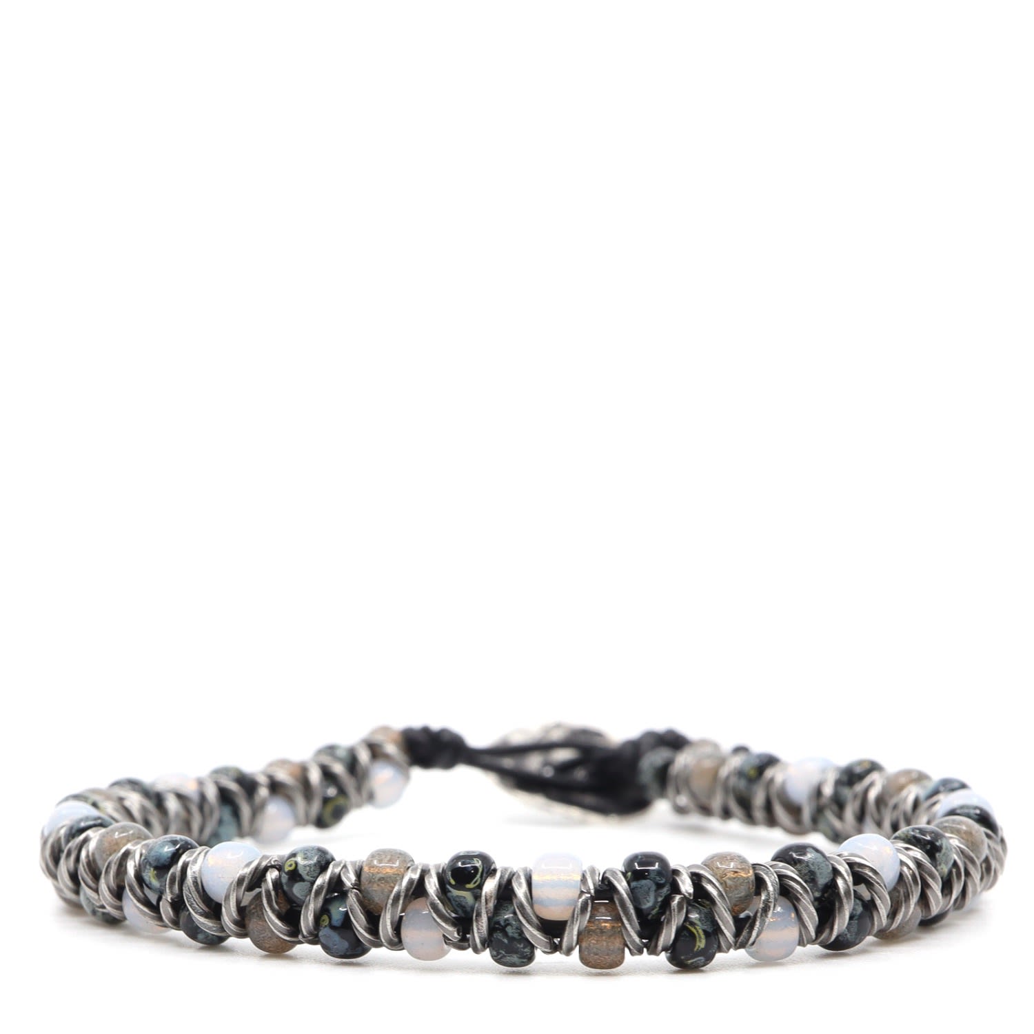 Men’s Grey / Silver / Black Black & Grey Picasso Czech & Black Leather Beaded Bracelet Shar Oke