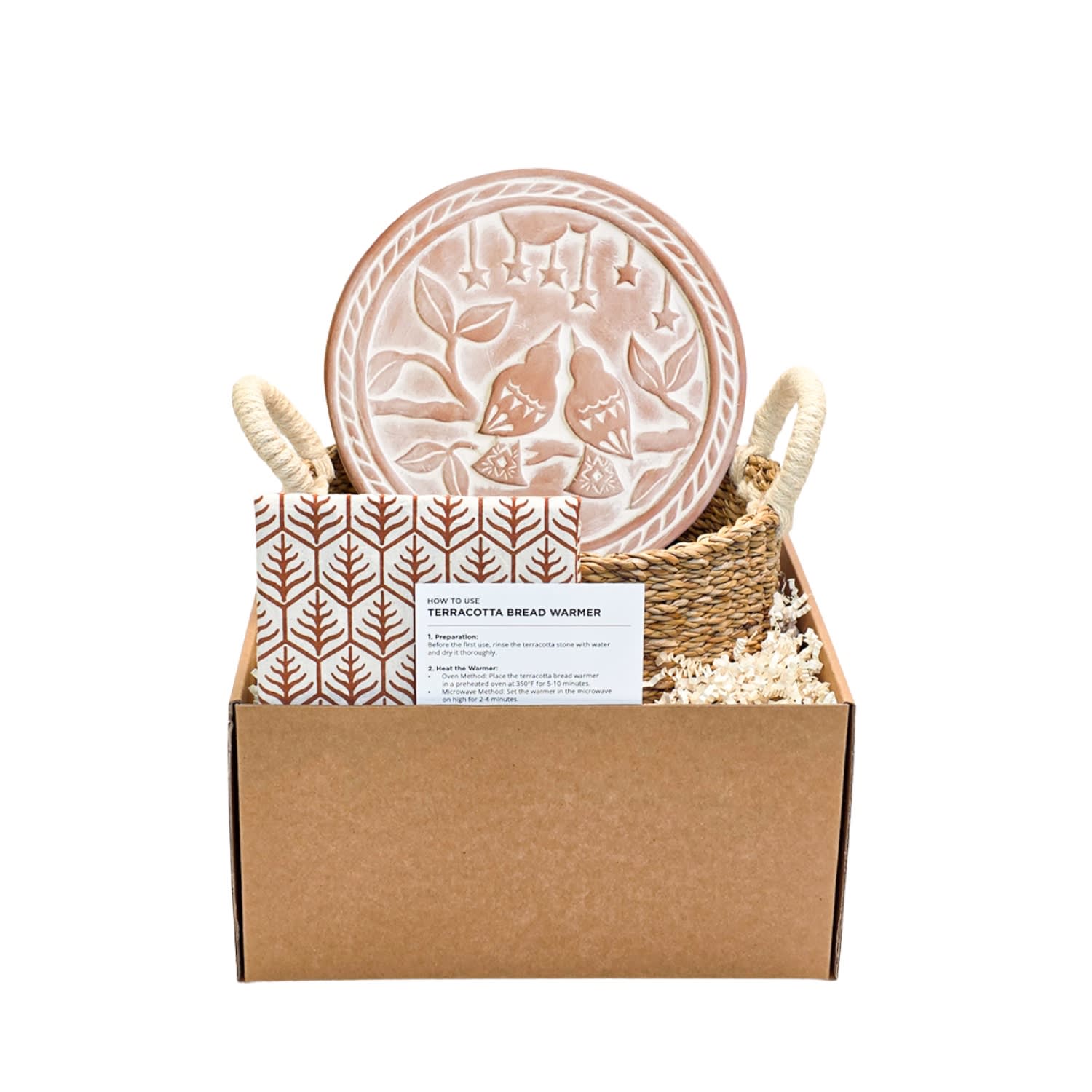 Bread Warmer & Basket Gift Set With Light Brown Tea Towel - Lovebird Round | Korissa