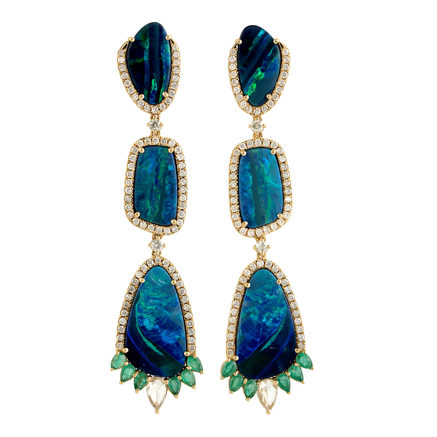 Women’s White / Blue / Gold Opal Doublet & Pear Shape Emerald With Pave Diamond In 18K Gold Long Dangle Earrings Artisan