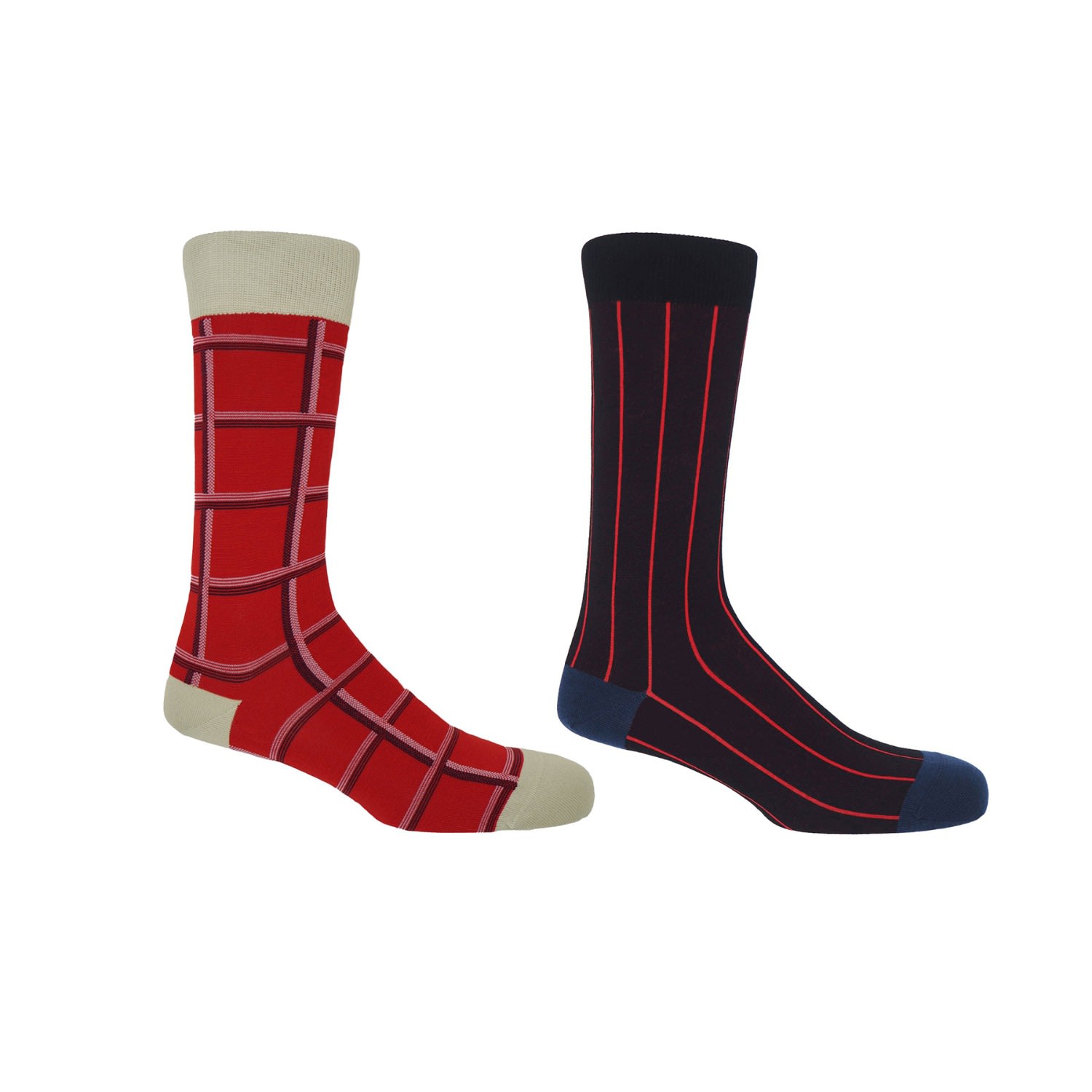 Black / Red Red Check & Black Pin Stripe Men’s Socks 2 Pack One Size Peper Harow - Made in England