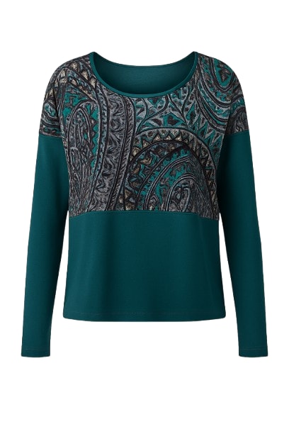 Conquista Green Women's Exotic Print Viscose-blend Jersey Top With Contrasting Elastane Panels In Green