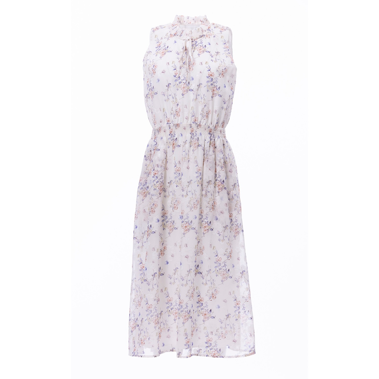 Carloslines Women's White Sleeveless Smocked Waist Tie Front Dress With Pockets In Romantic Garden Print In White