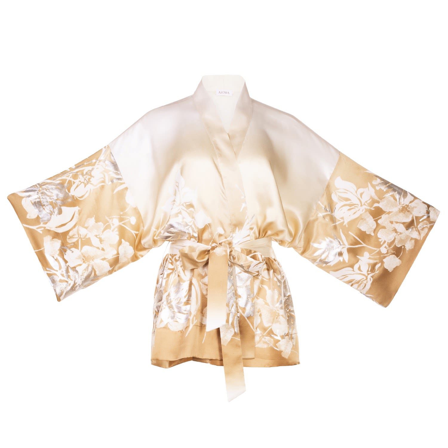 Women’s Neutrals / White Pure Silk Kimono Top With Silver Flowers S/M House of Azoiia