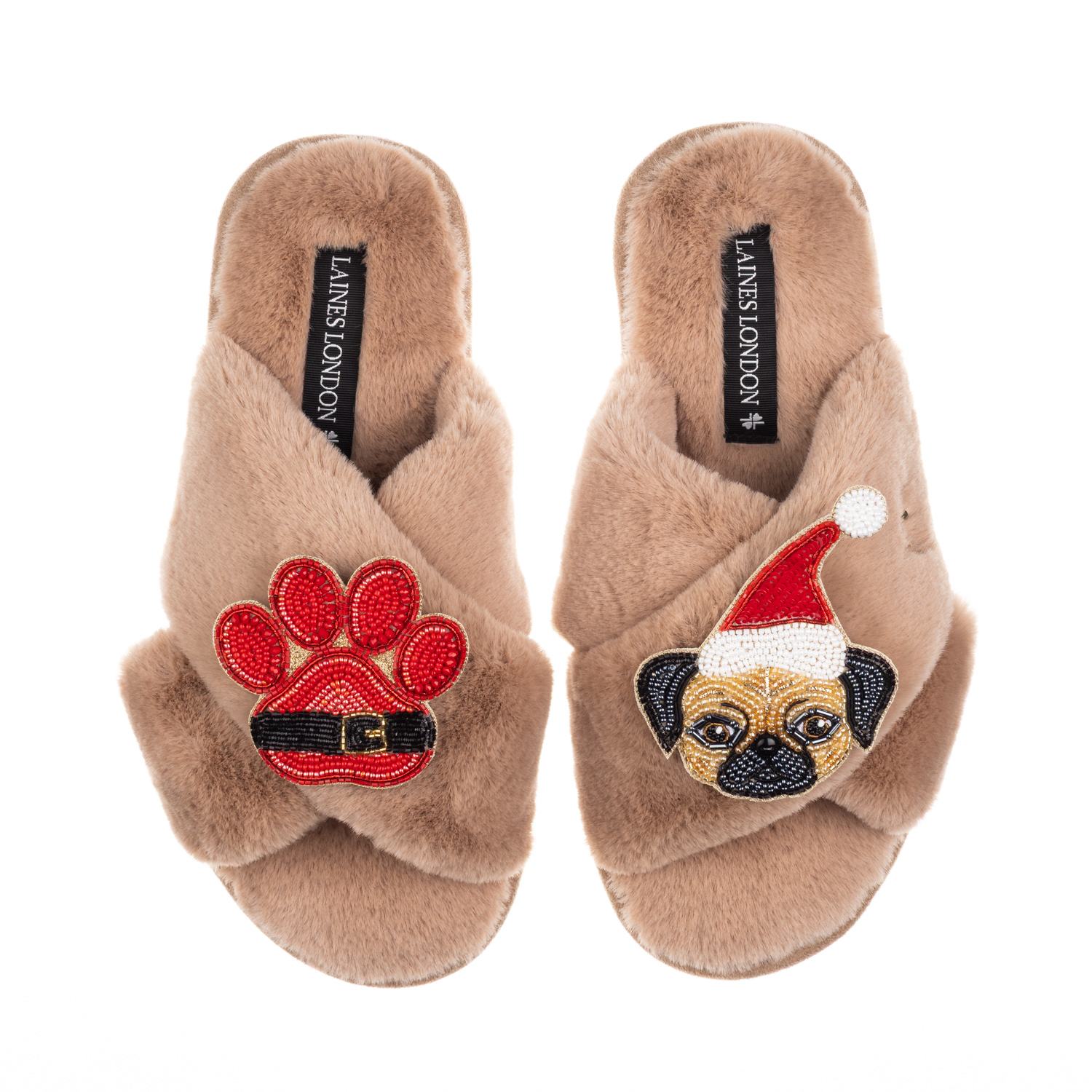 Laines London Women's Brown / Neutrals Classic Slippers With Christmas Fawn Pug & Paw Brooches - Toffee In Brown