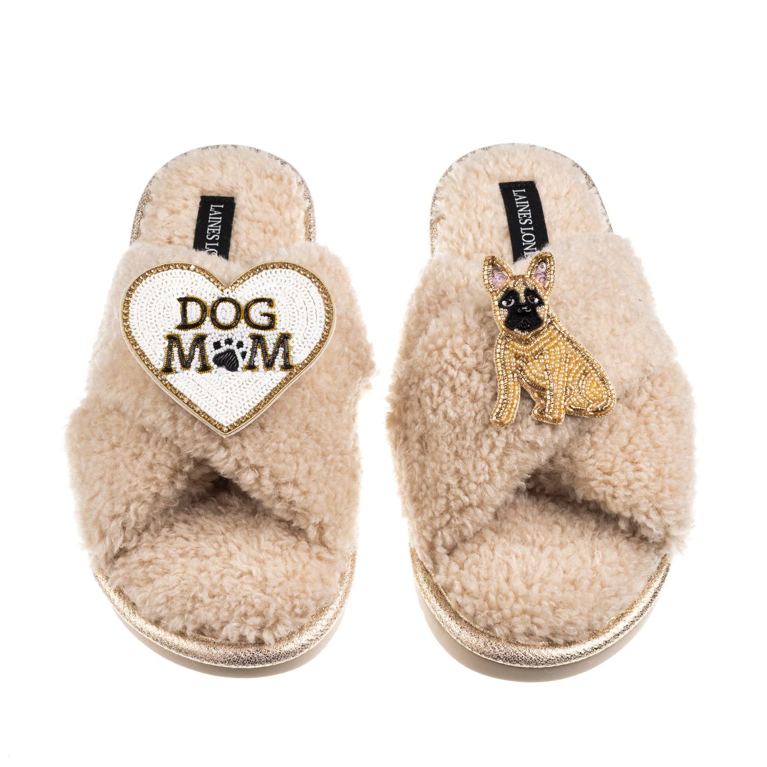 Laines London Women's Brown / Neutrals Boucle Slippers With Dog Mum/mom & Fawn Sitting French Bulldog Brooches - O In Brown