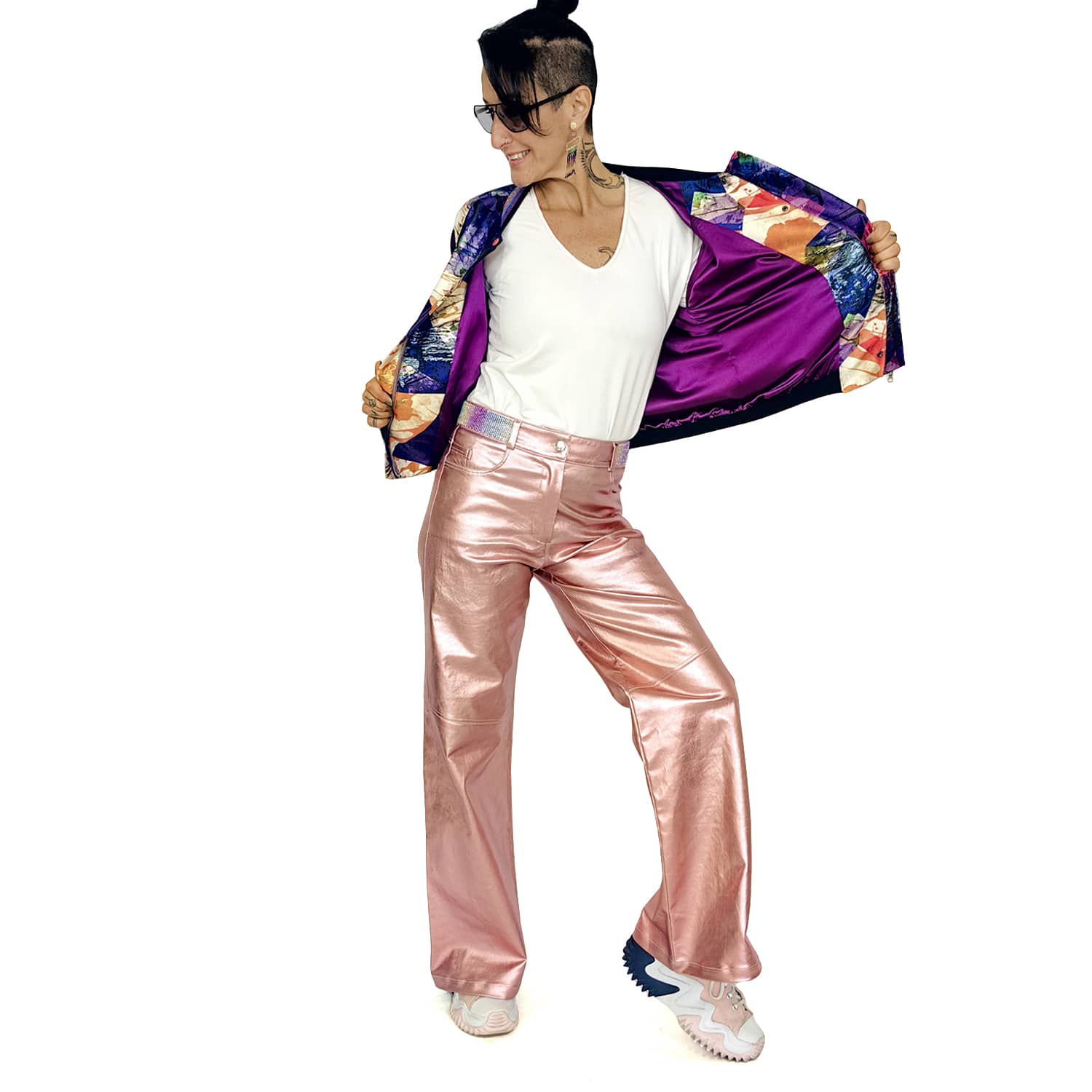 Pink Metallic Finish Cotton-Blend Wide-Leg Pants