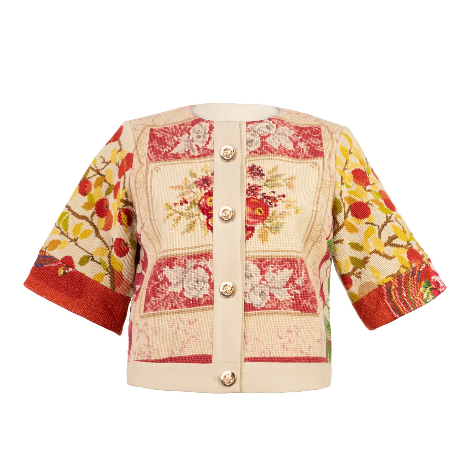 Women's Neutrals / Red / Yellow Rouge Gobelin - Hand Painted Cotton Gobelin Jacket With Antique Tapestry Art | S/M | Rondooz