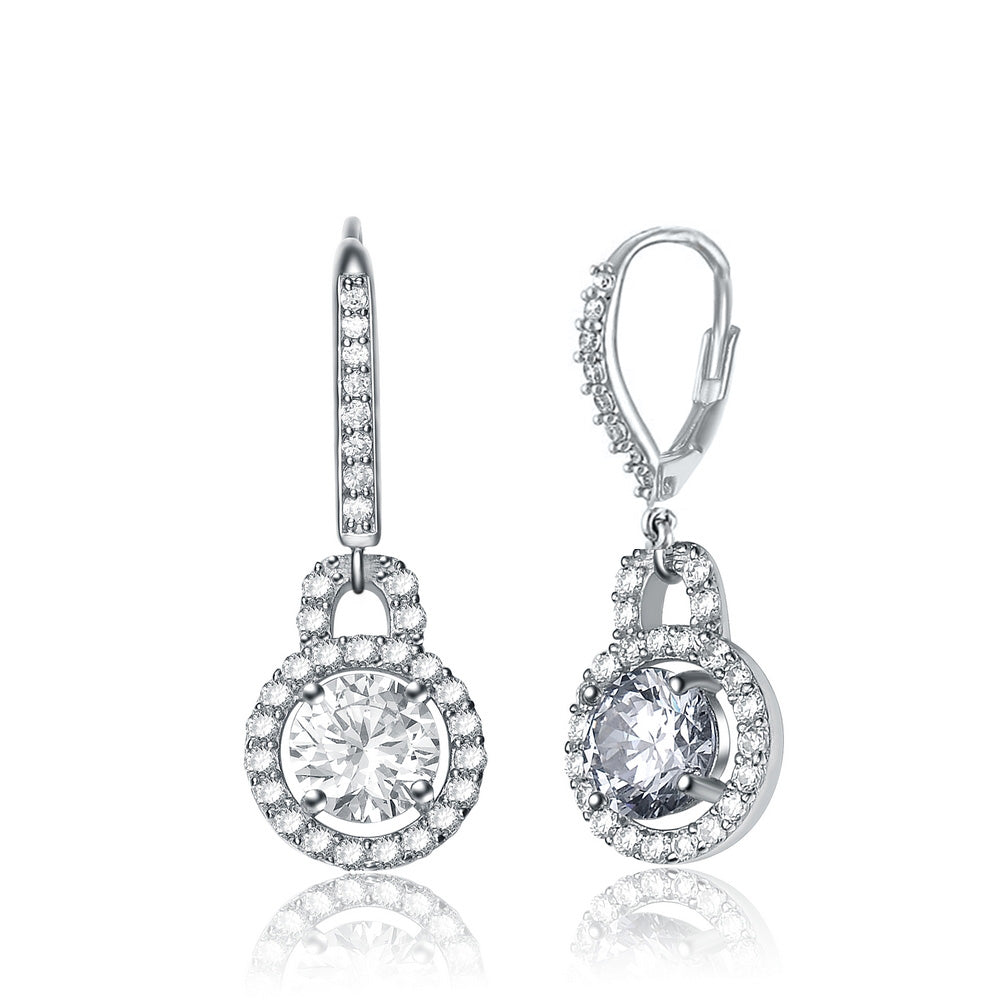 Genevive Jewelry Women's White / Silver Cubic Zirconia Sterling Silver White Gold Plated Round Drop Euro Earrings In Multi
